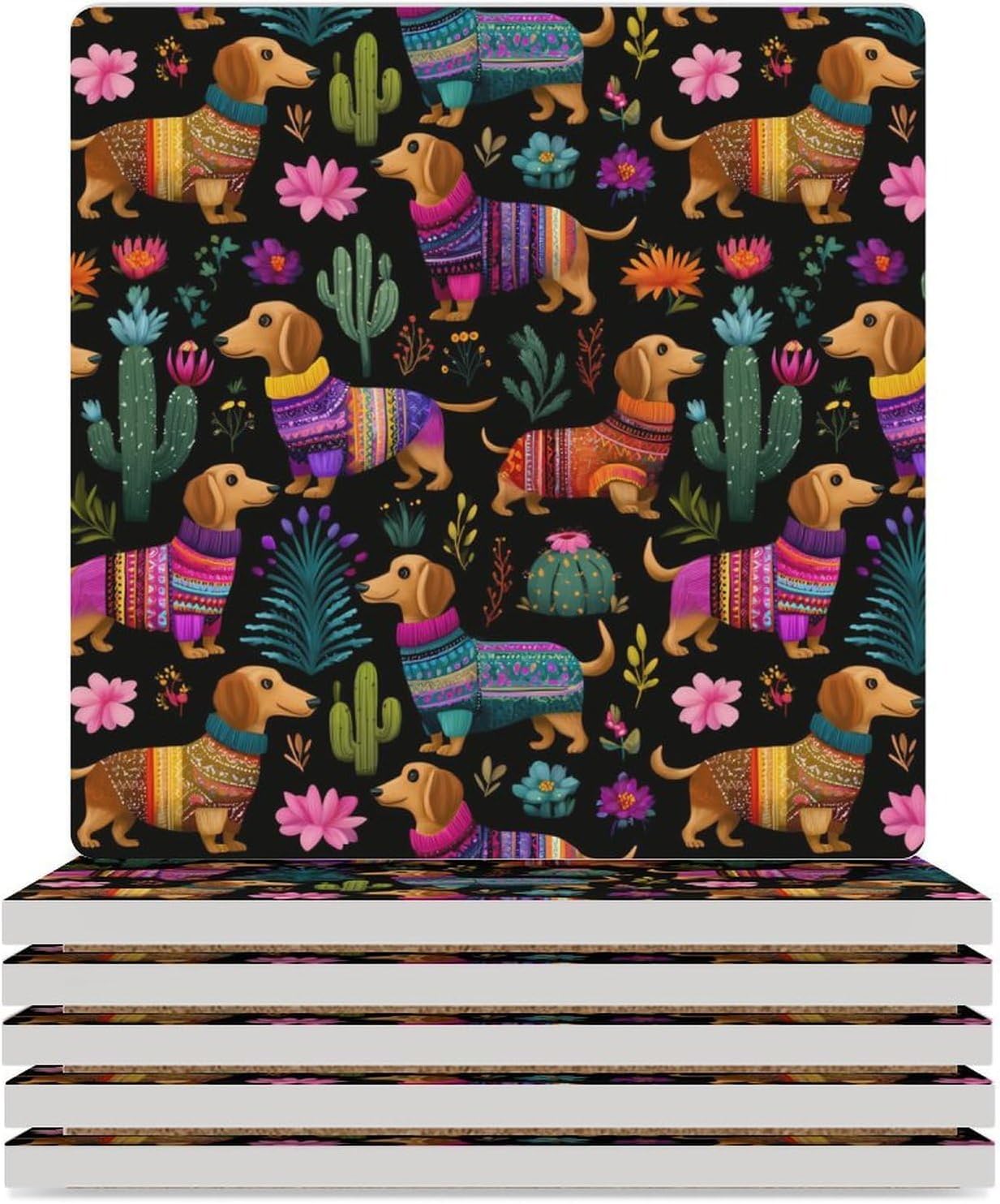 Dachshund Dog Plant Coaster for Drinks Square Ceramic Table Coasters Stone Mat Crafts 6PCS Home Kitchen Decor