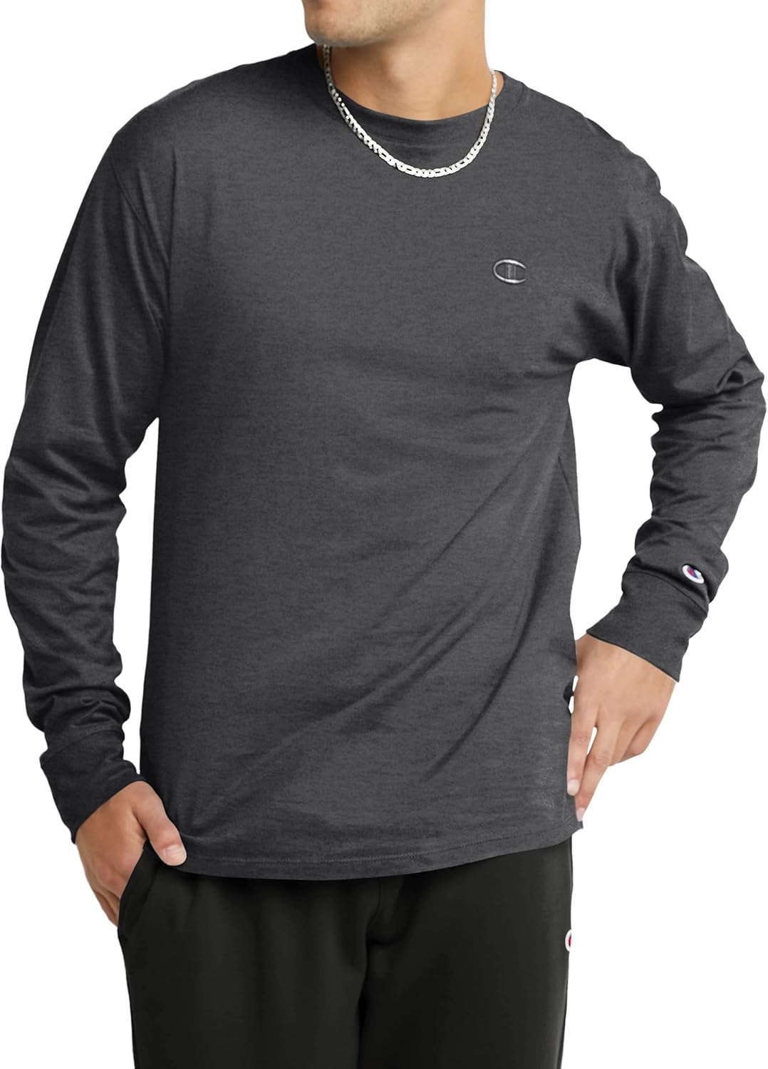 Champion Mens Classic Jersey Long-Sleeve Tee Shirt, Granite Heather, Large US
