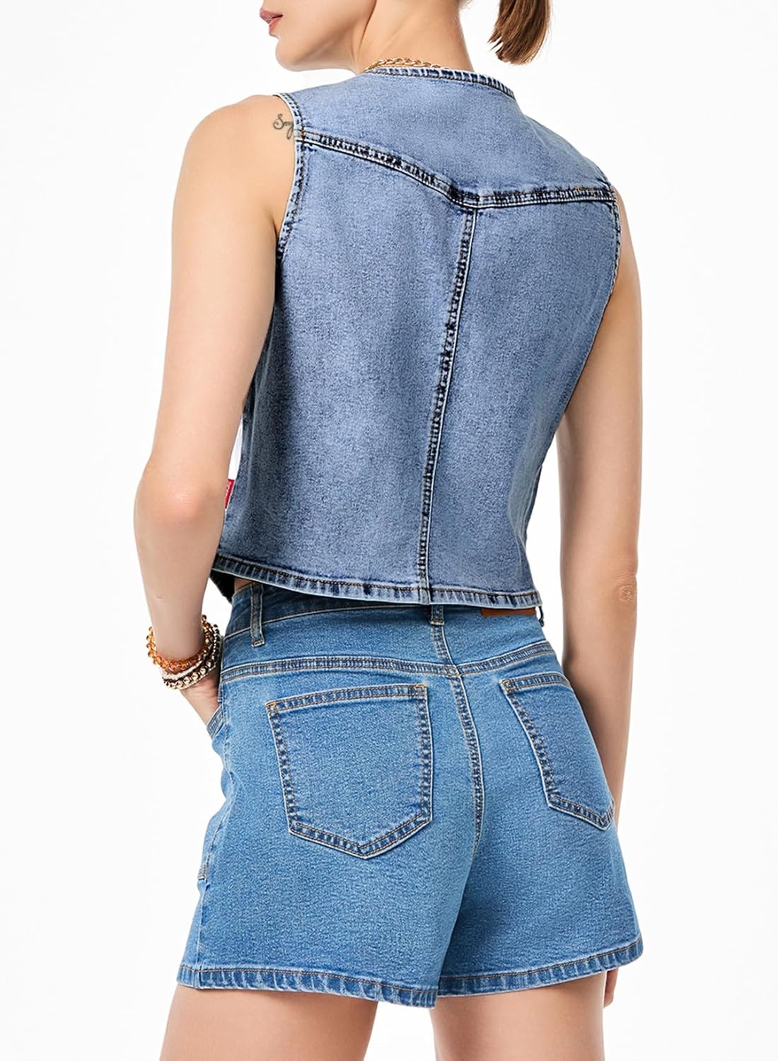 Sidefeel Women's Denim Vest Sleeveless V Neck Zimbaplatinum Jean Vest Top Button Down Crop Waistcoat Vest Summer Outfit - Image 2