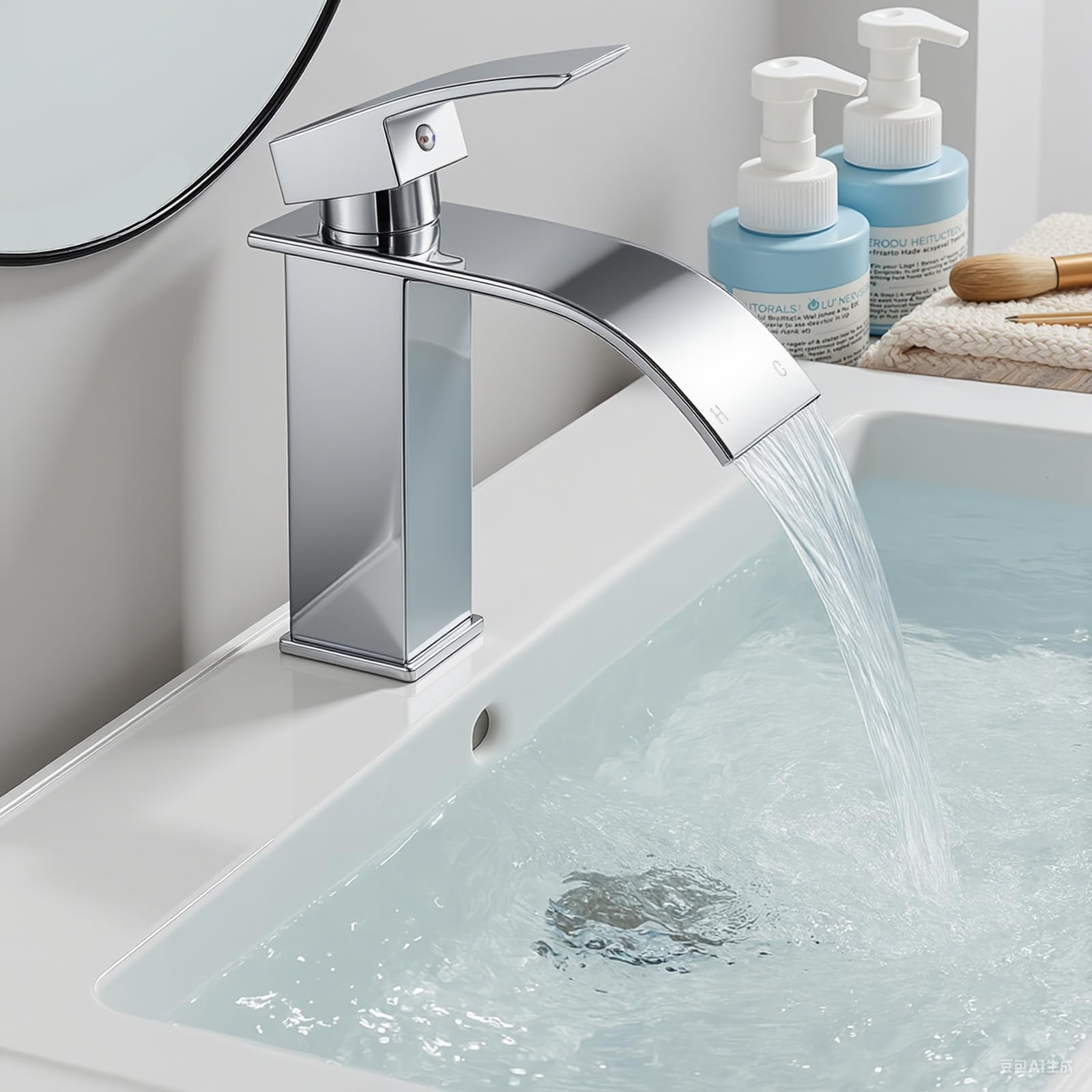 VONATES Bathroom Taps, 304 Stainless Steel Waterfall Tap with Ceramic Valve Cartridge, 60cm G1/2 Hoses, Easy to Install