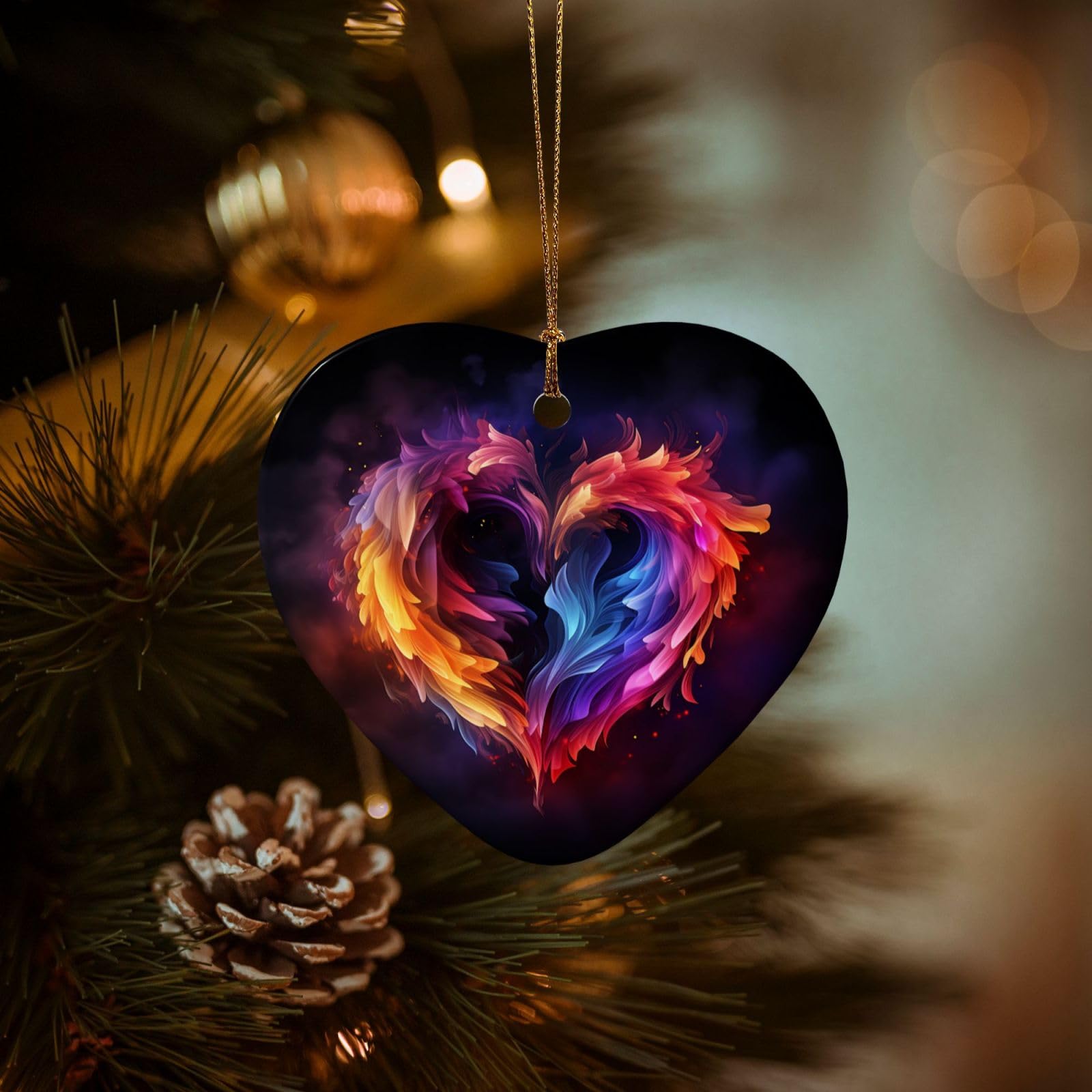 Christmas Ornaments for Christmas Tree Decoration Hanging Rainbow Heart Ornament with Gold Ribbon Crafts Heart Shape Ceramic Pendant for Keepsake Gifts Xmas Decor Party Supplies