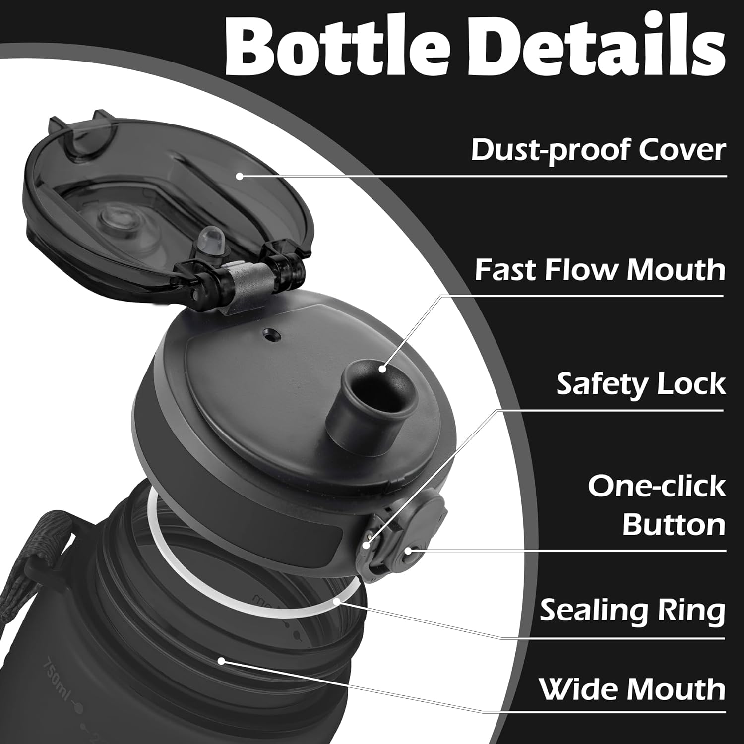 OLDLEY 25 oz Water Bottle, Motivational Water Bottle with Time Marker, Sports Water Bottle With Strap, Leakproof & BPA Free Large Water Bottles for School, Gym, Travel, Outdoor, Tritan,Black - Image 2