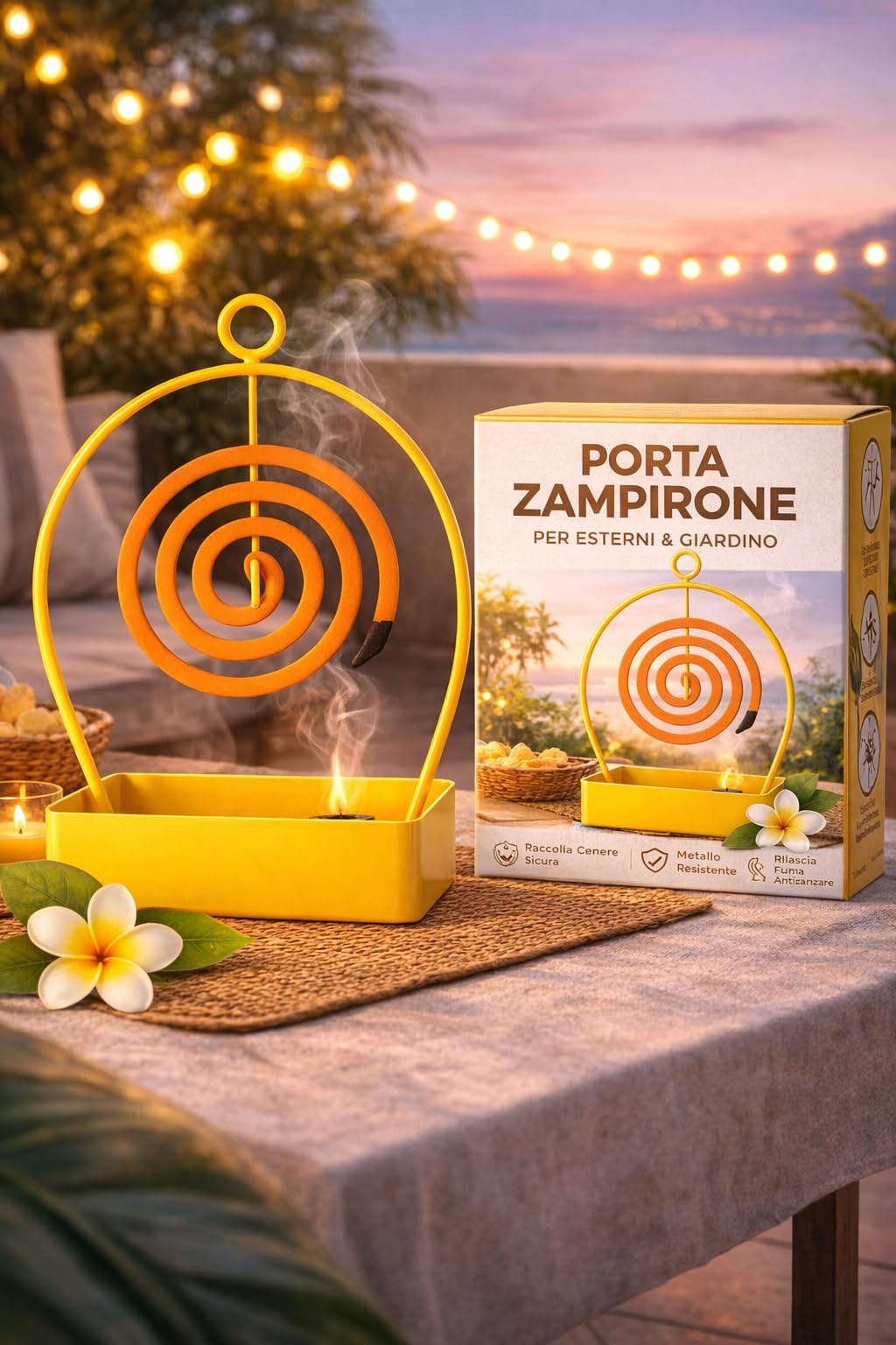 Porta Zampirone da Esterno in Metallo con Vassoio Raccoglicenere, Supporto Spirale Antizanzare da Tavolo o Appendere, Porta Bobina per Giardino Terrazza Campeggio Balcone, Giallo 1 Pezzo