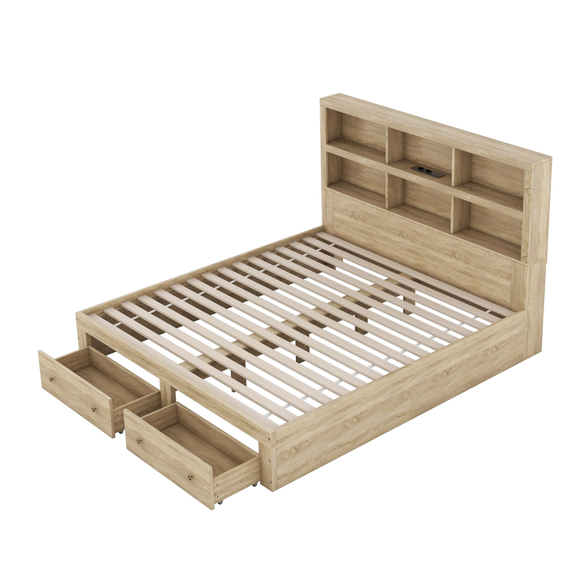 Lit double 160 x 200 cm, lit en bois massif, lit king size, plate-forme avec deux tiroirs au pied du lit, tête de lit avec espace de rangement, naturel
