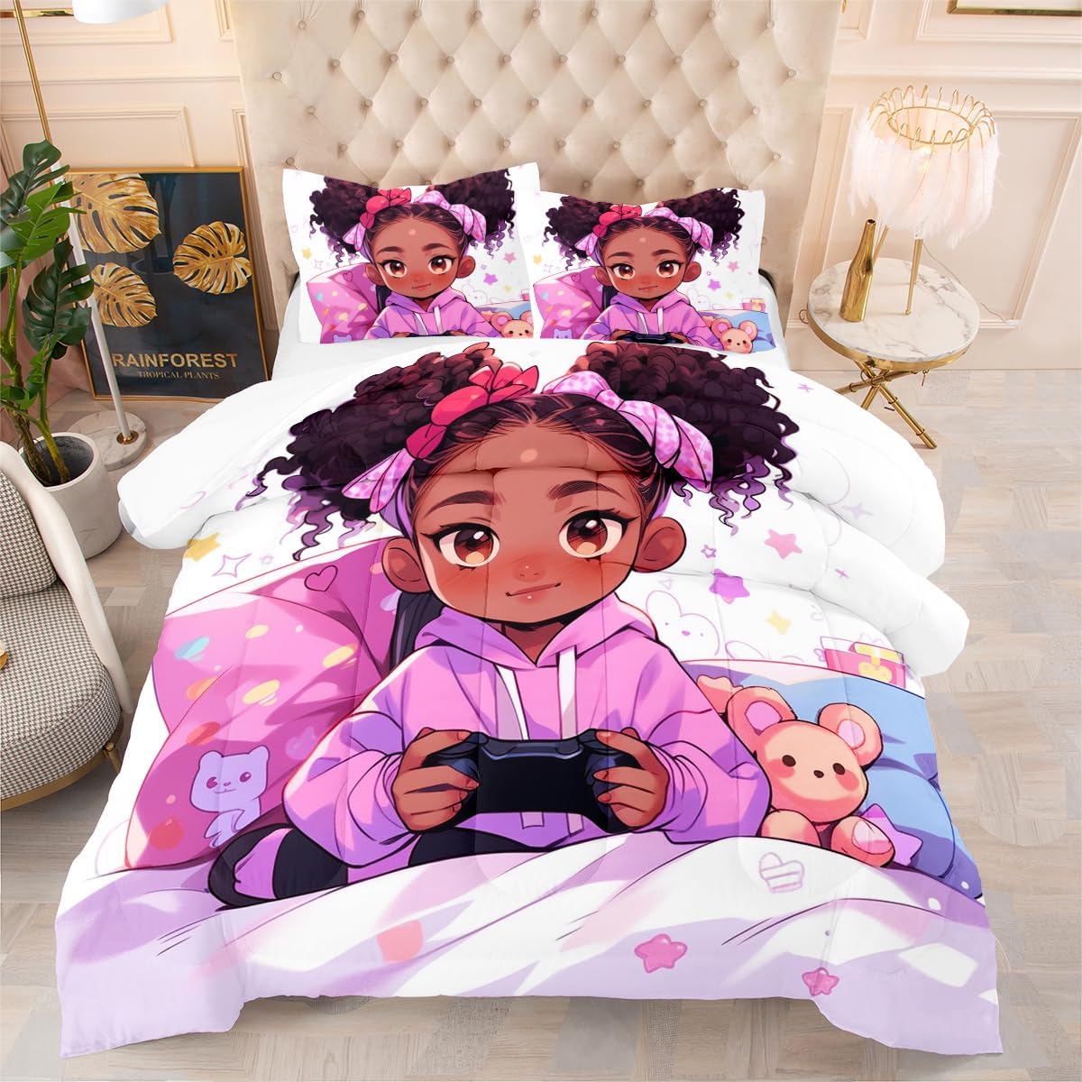 Amazon.com: CCoutueChen Black Girls Comforter Set Full Size Pink ...