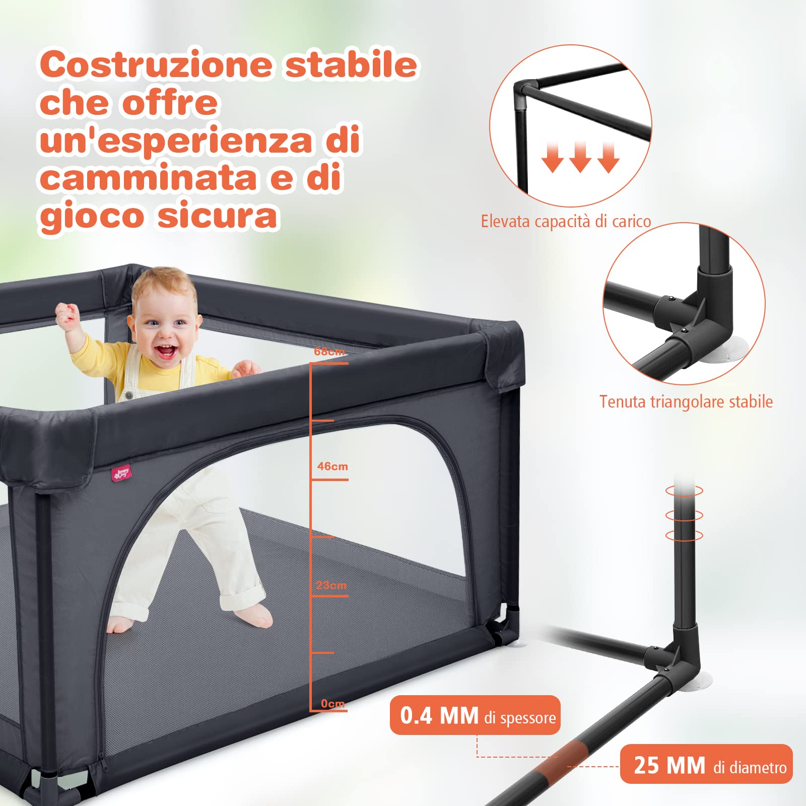 COSTWAY Box per Bambini, Centro Attività Portatile con Cancelli di Sicurezza, Recinto Resistente con Ventose Antiscivolo e Pareti a Rete Traspirante, Cancello per Giocare con 50 Palline (Grigio Scuro)