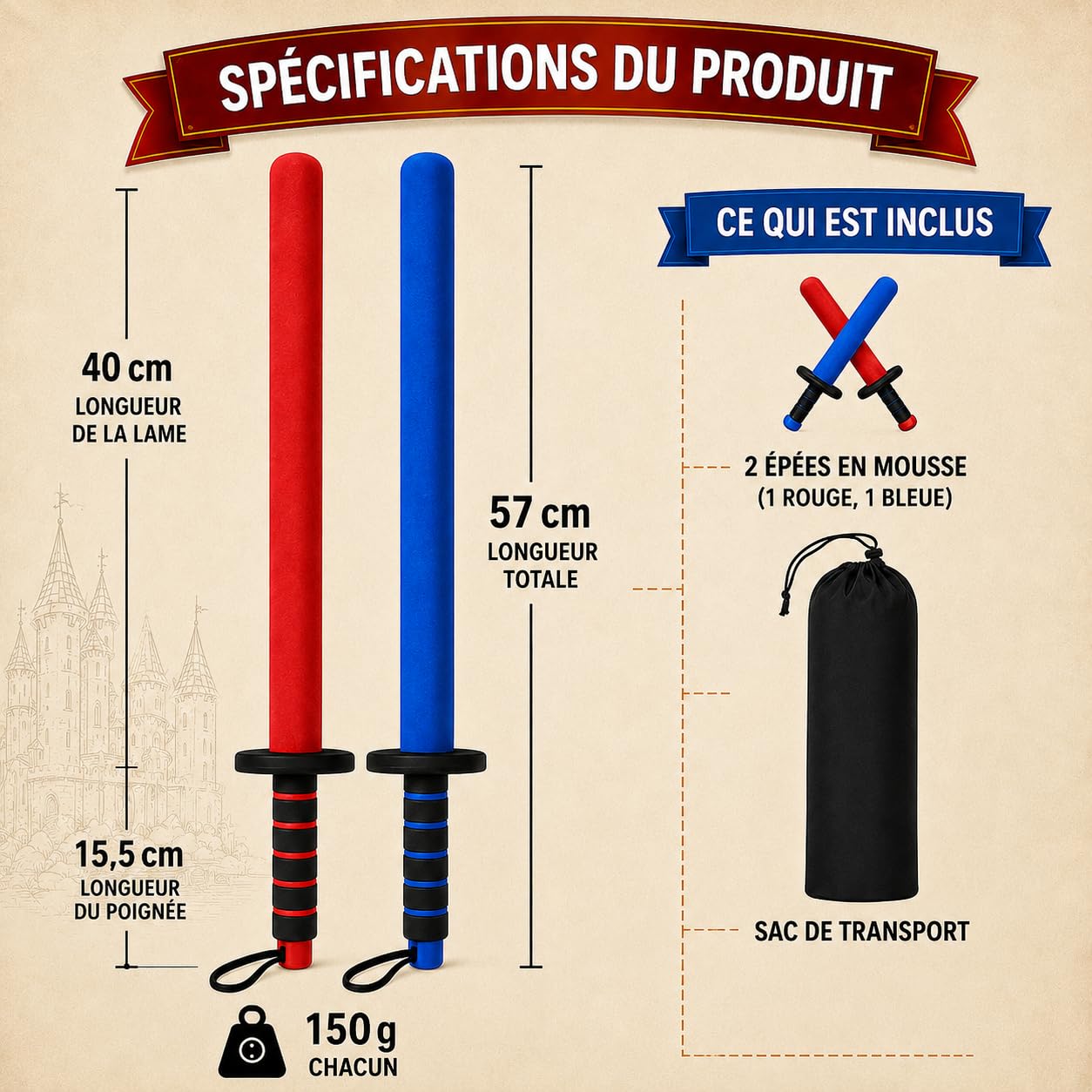 Lot de 2 raquettes en mousse pour enfants (rouge/bleu) | Jeu de clôture pédagogique et épée souple pour la réduction de l'agression | Appareil de sport pour la motricité et le mouvement avec sac |