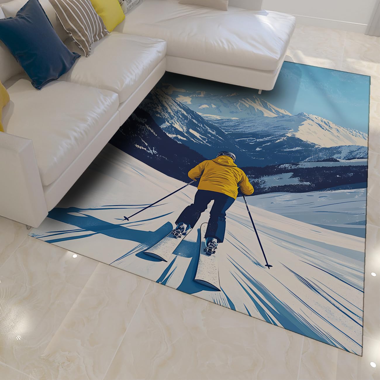 Tapis Montagne enneigée Ski Hiver Sport Aventure Bleu Lavable Tapis Poil Ras Flanelle Douce antidérapant Neige carpette Bureau déco saisonnière 200x300cm