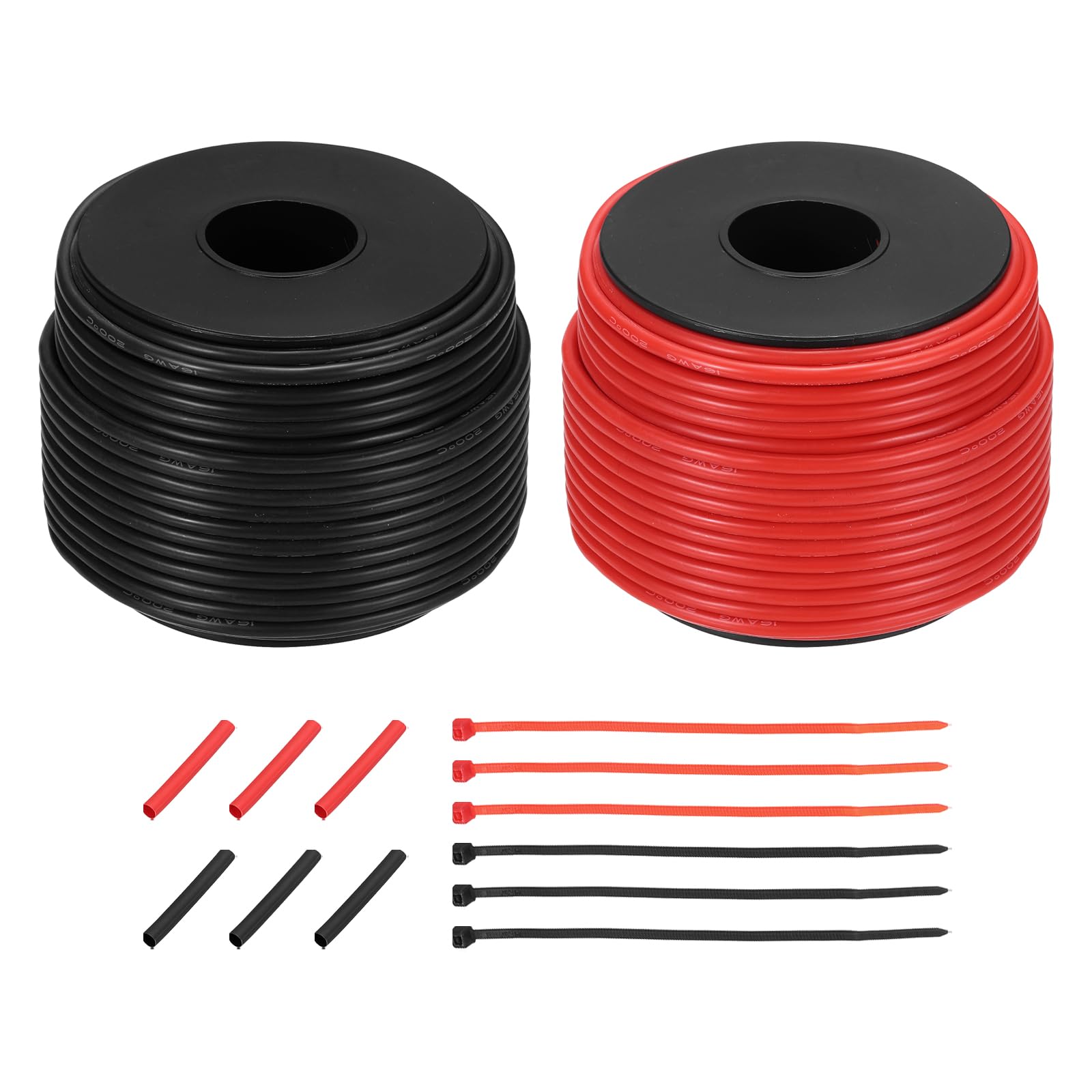 sourcing map 2pcs 16 AWG Silicone Electrical Wire Spool, 16 Gauge 30.5m/100ft Tinned Copper Electrical Wires with Heat Shrink Tubing & Cable Ties for Automotive, RV Inverter - Red & Black