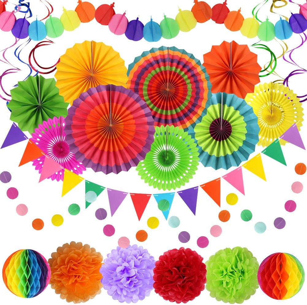Mexican Party Decorations, Fiesta Party Supplies Hanging Paper Fans Pom Poms Flowers Swirls Garlands String Polka Dot and Triangle Bunting Flags for Birthday Parties Rainbow Party