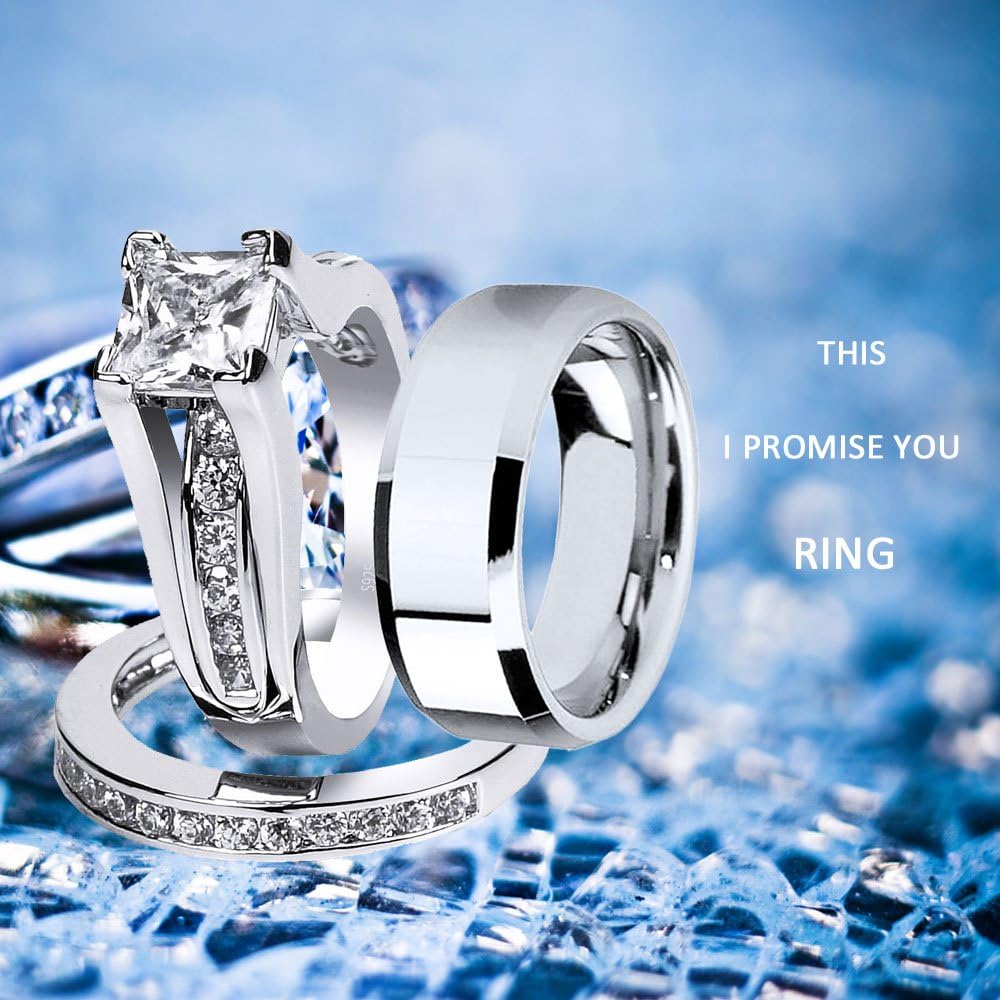 MABELLA Wedding Ring Sets Couples Rings Women's Sterling Silver Princess CZ Men’s Stainless Steel Bands