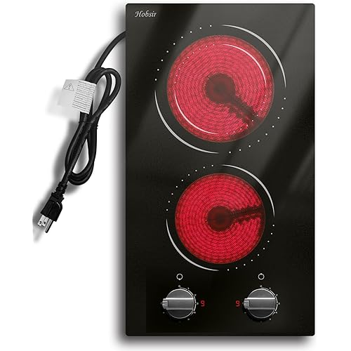 Hobsir 2 Burner Electric Cooktop, 110v Electric Stove Top Burner 12 inch Knob Control Countertop & Built-in Radiant Electrics Stove with Residual Heat Indicator, Over-Temperature Protection