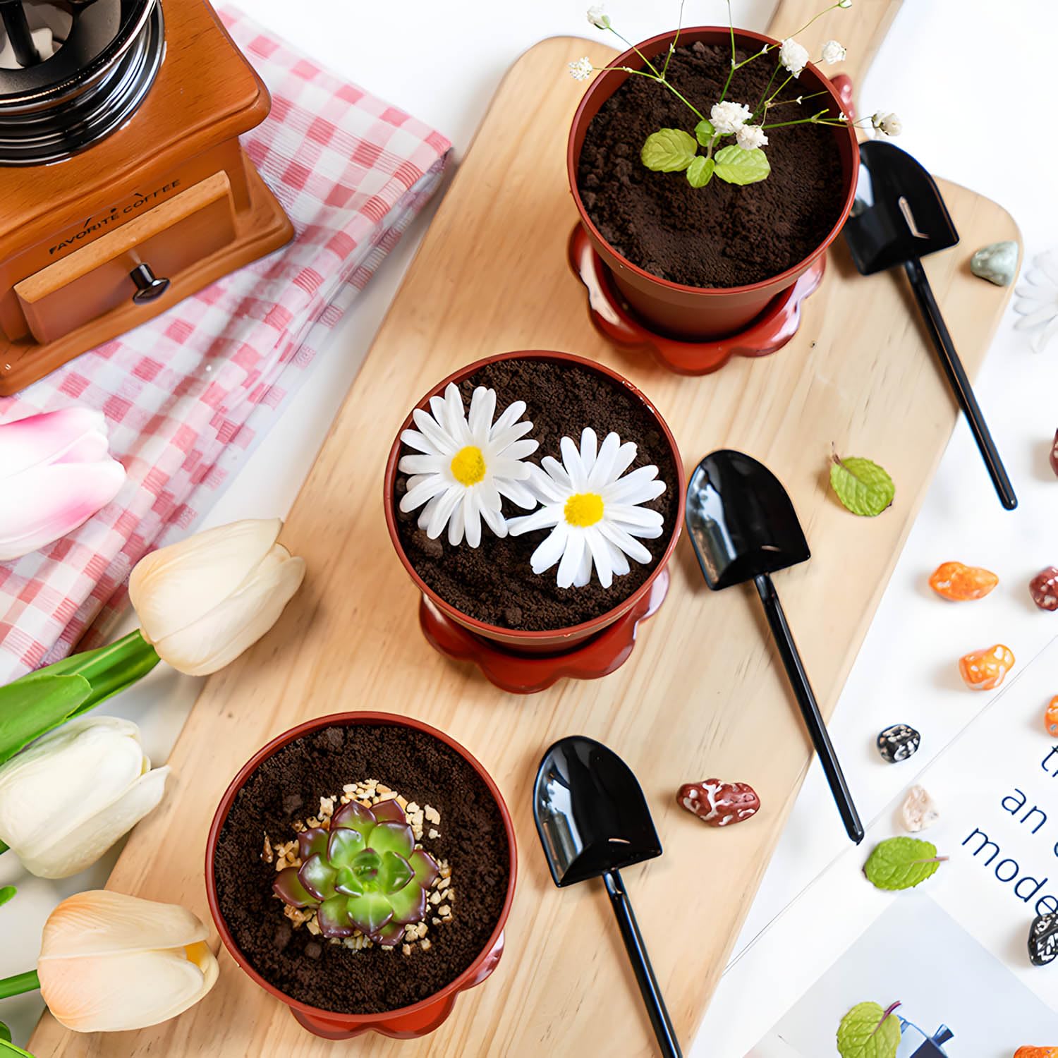 20 Pcs Nursery Pots with Humidity Dome, Flower Pot Dessert Cups with Bring A Plate and Shovel, Planting Cups for Seeds for Indoor Gardening and Plant Propagation