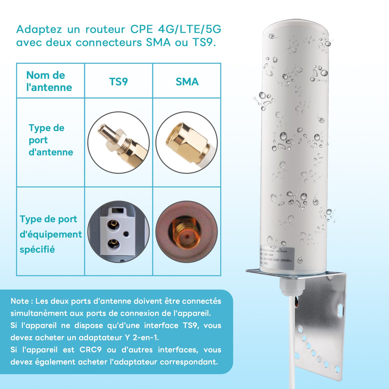 Antenne Extérieure Omnidirectionnelle 4G LTE 5G 10dBi 698-2700 3300-3800MHz SMA TS9 5M Câble pour Routeur Modem CPE