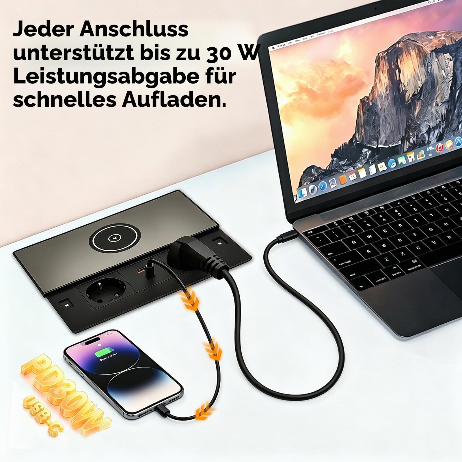Einbausteckdose Versenkbar, 2 Fach Einbausteckdose mit Deckel, USB C PD 30W USB A, Tischplatte Einbausteckdose mit Kabellosem Laden, für Schreibtisch Küche Büro Konferenztisch, 1,8m Kabel