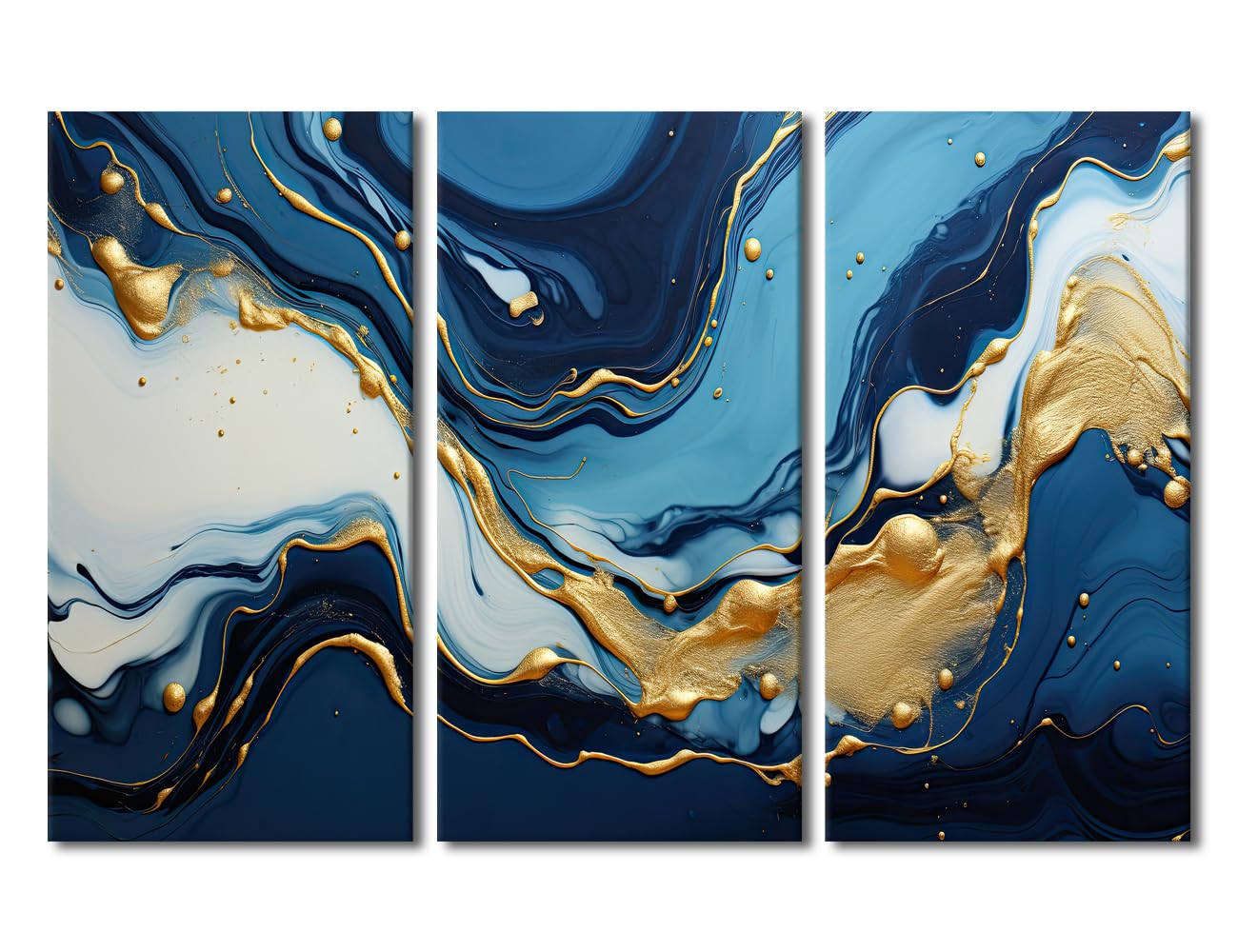3 Pieces Abstract Wall Art Abstract Marble Canvas Painting Dark Blue Agate Texture with Thin Gold Veins Framed for Bedroom Living Room Home Office Wall Décor 60"Wx40"H