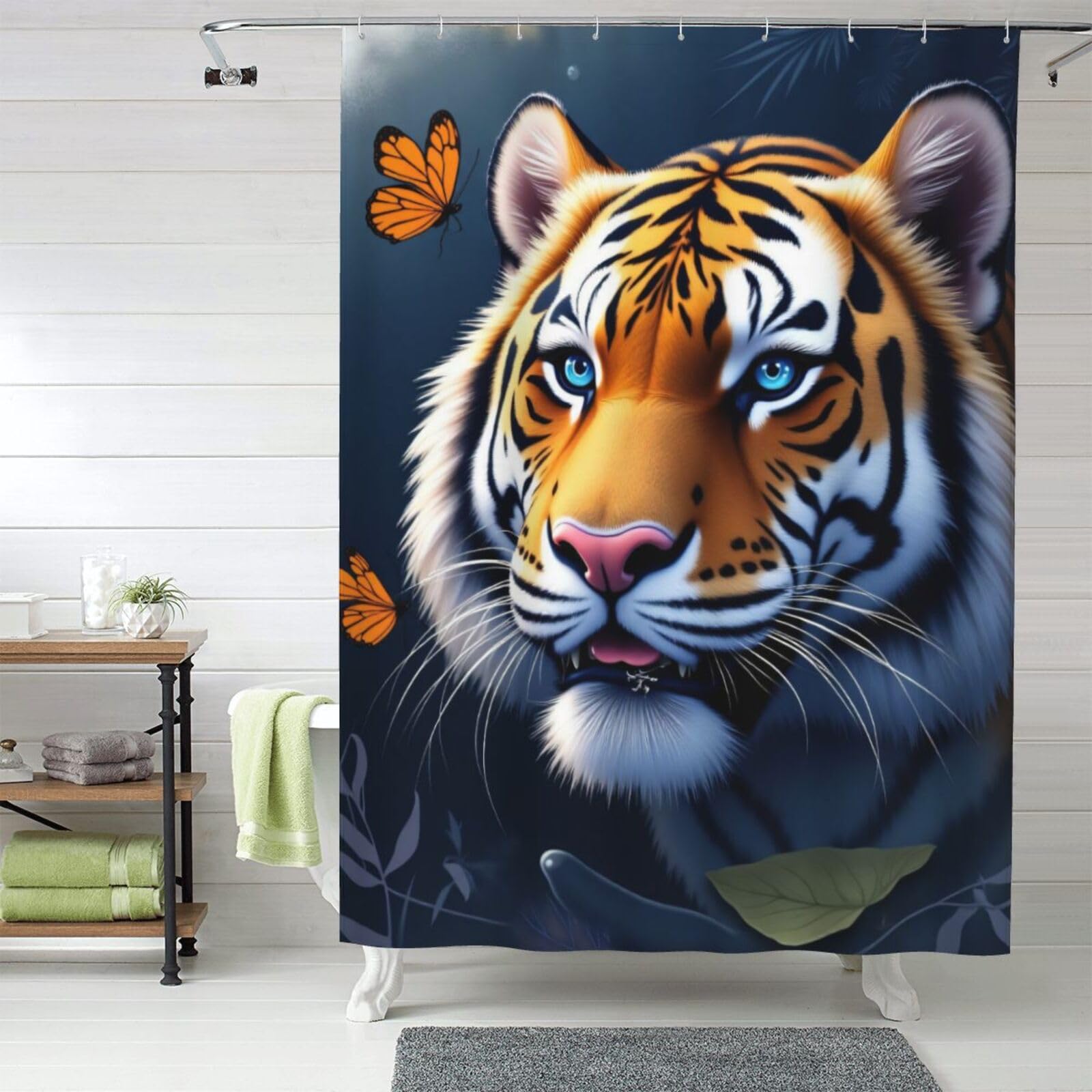 Rideau de douche lavable en machine imprimé tigre et papillon tissu résistant
