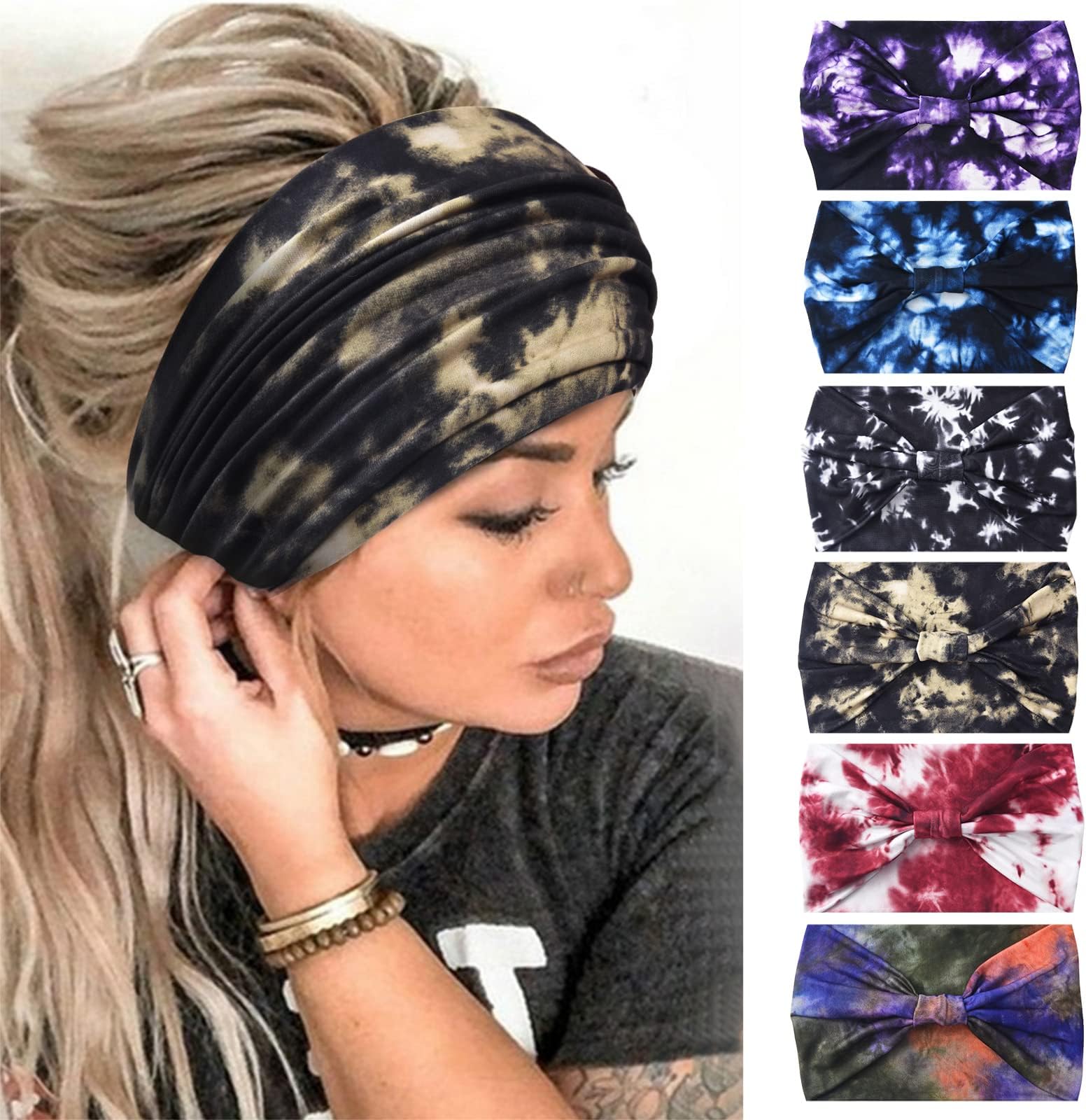 Wide Headbands for Women Non Slip Boho Headband Elastic Tie dye Yoga Workout Sweat Bands Running Sport Hair bands,Pack of 6