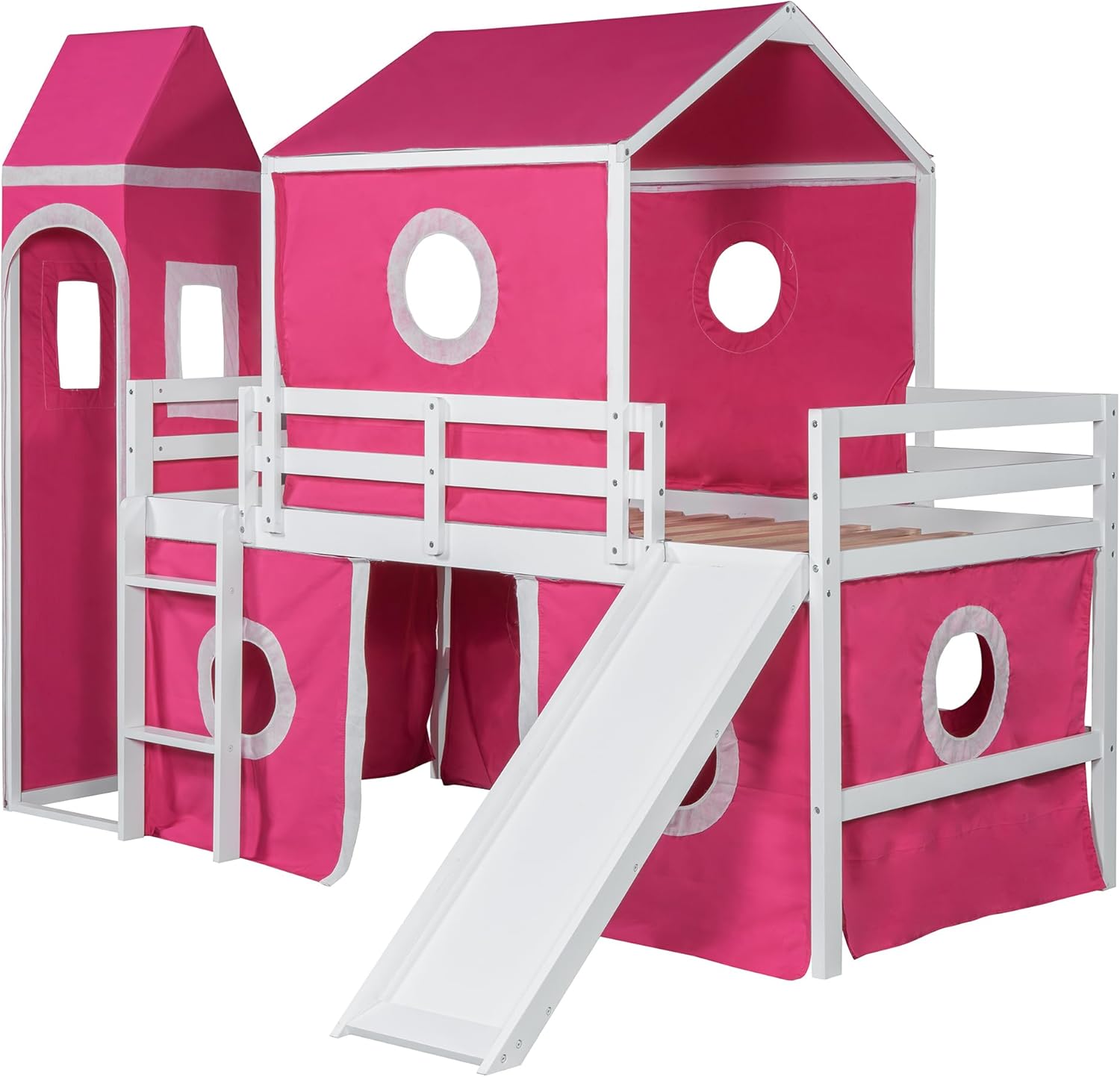 Twin Size House Loft Bed with Slide, Tent and Tower, Wood Playhouse Castle Bed Frame for Kids (Pink, Twin)