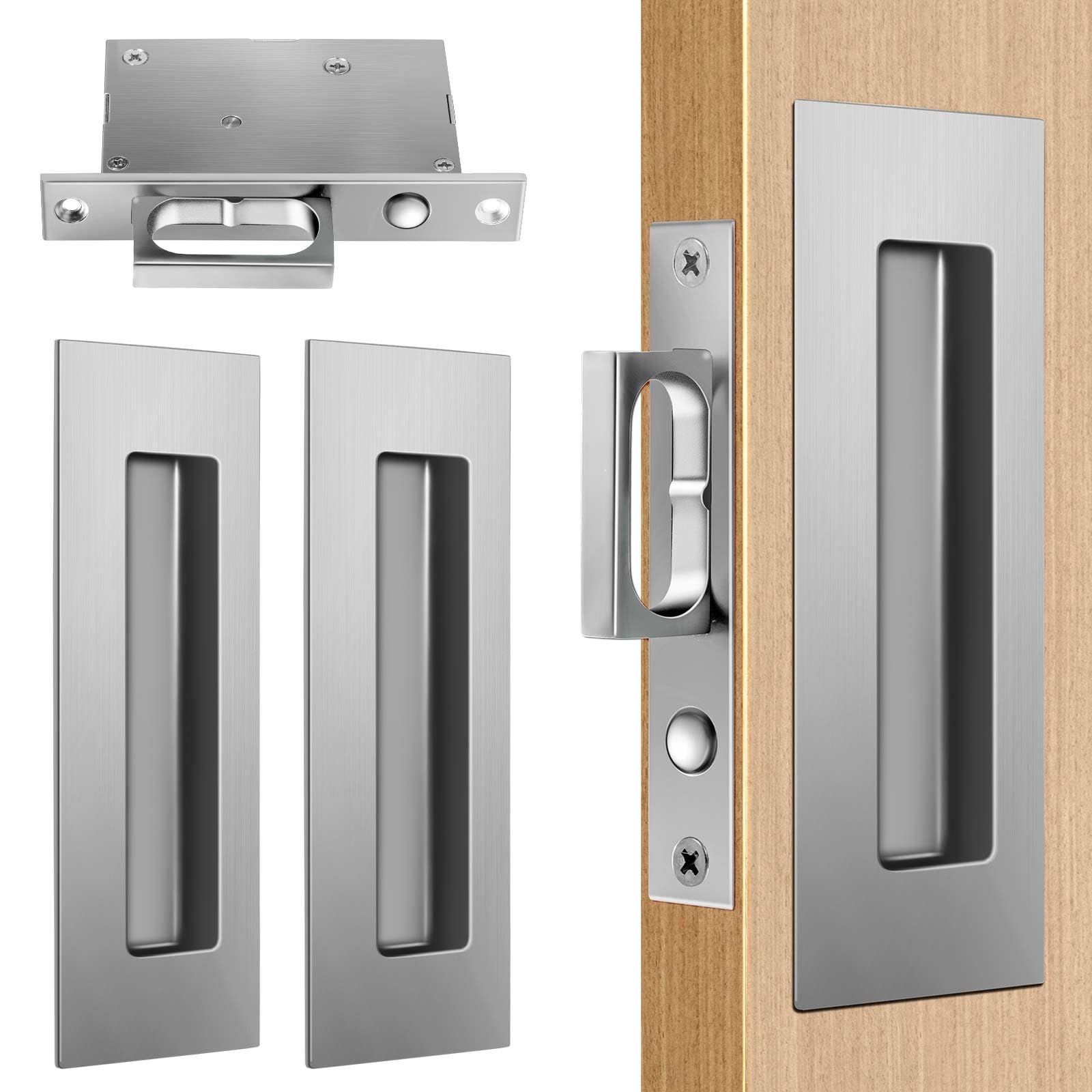Loodmeo 6 INCH Sliding Pocket Door Handles, 304 Stainless Steel Non Locking Pocket Door Hardware, Recessed Flush Finger Pulls, Heavy Duty Edge Pull with Pop Out Ring Pull (1, Silver)
