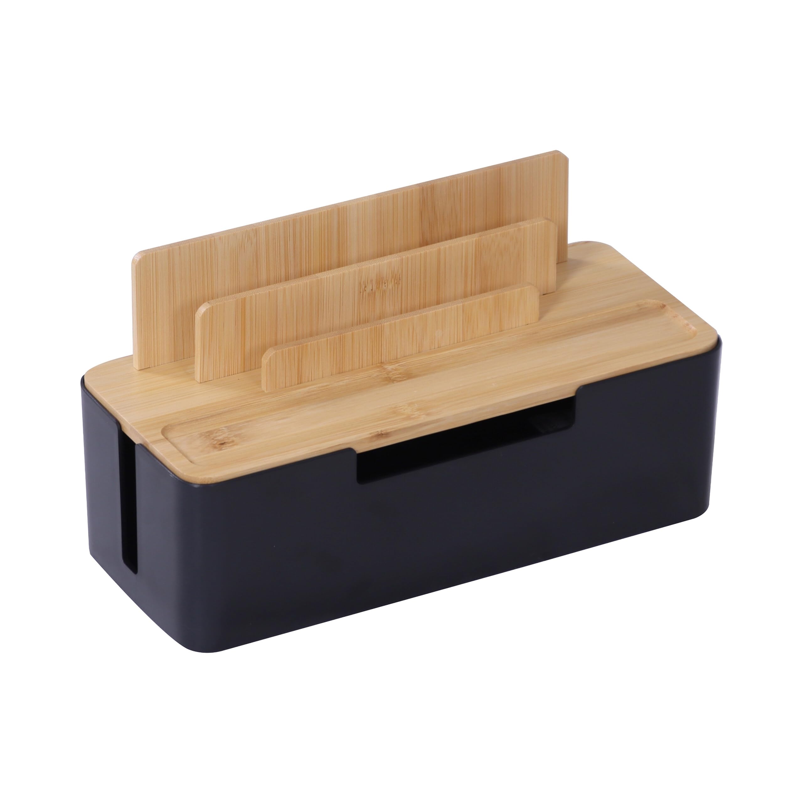 Relaxdays Scatola Porta Cavi in bambù, Supporto Cellulare/Tablet, 6 Prese, Ventilazione, Naturale/Nero 16x30x13 cm