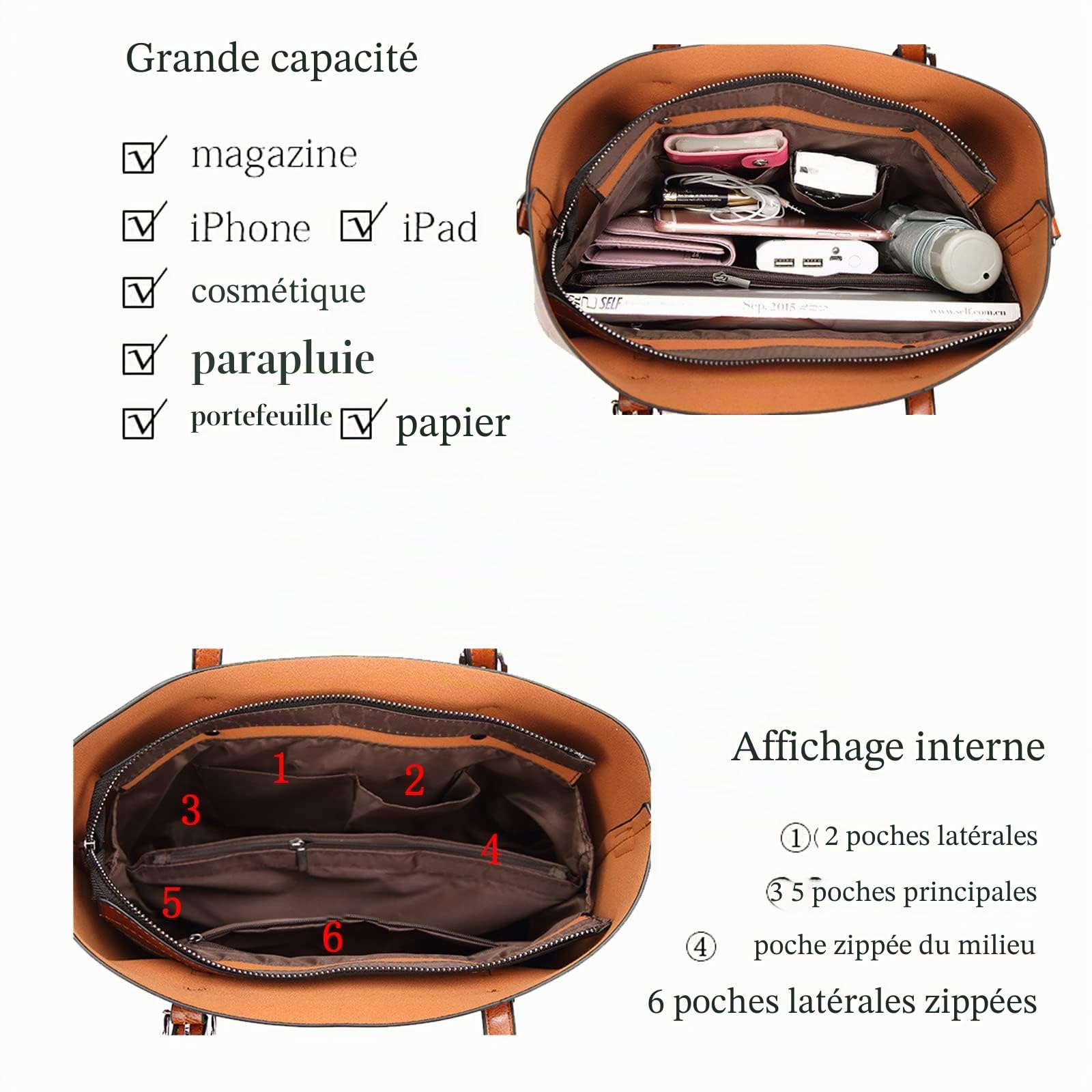 Sac à main en cuir souple pour femme - Grande capacité - Style rétro vintage - Avec poignée sur le dessus - Décontracté - Sac à bandoulière