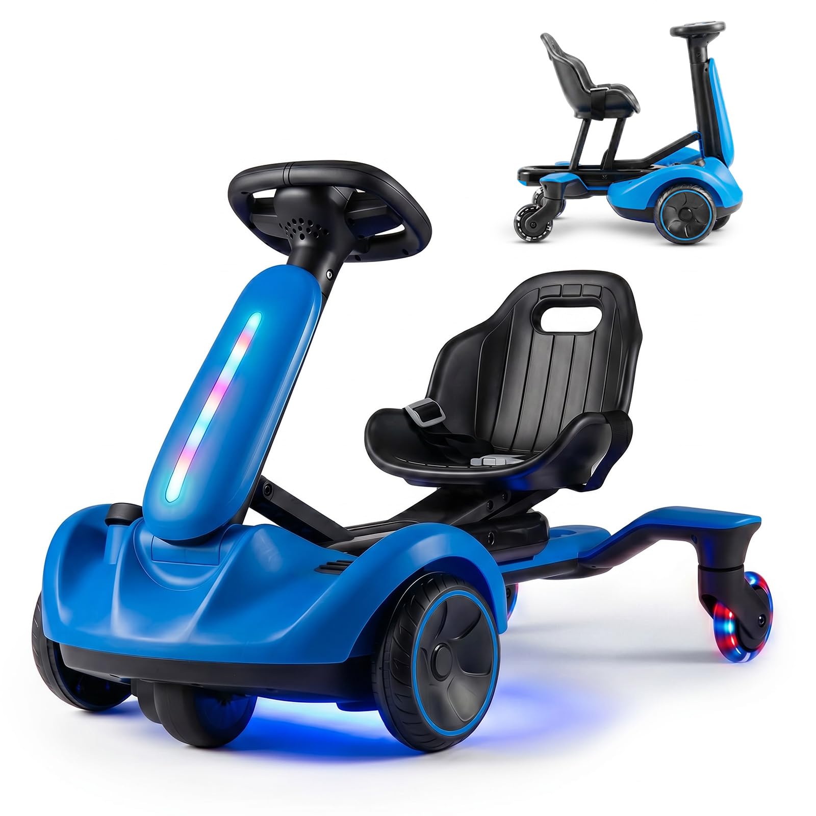 COSTWAY Electric Ride on Drift Car, 6V Battery Powered Racing Kart with 2-Position Adjustable Seat, 360° Spin Wheels, Horn, 2 Speeds Go Kart for Kids Aged 3-8 Years Old (Blue, with LED Lights)