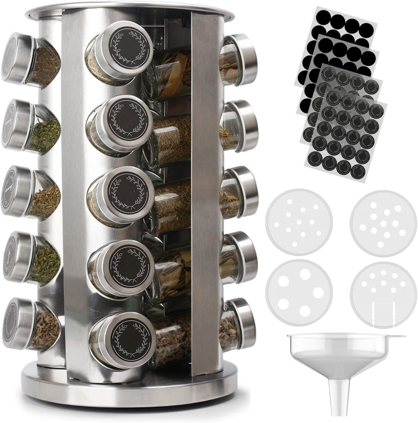 CAM2 Rotating Spice Rack with Free Spice Jar Resend for 5 Years, Spice rack organizer for countertop, Seasoning organizer stainless steel, For Kitchen Cabinet Organizer (Black Labels)