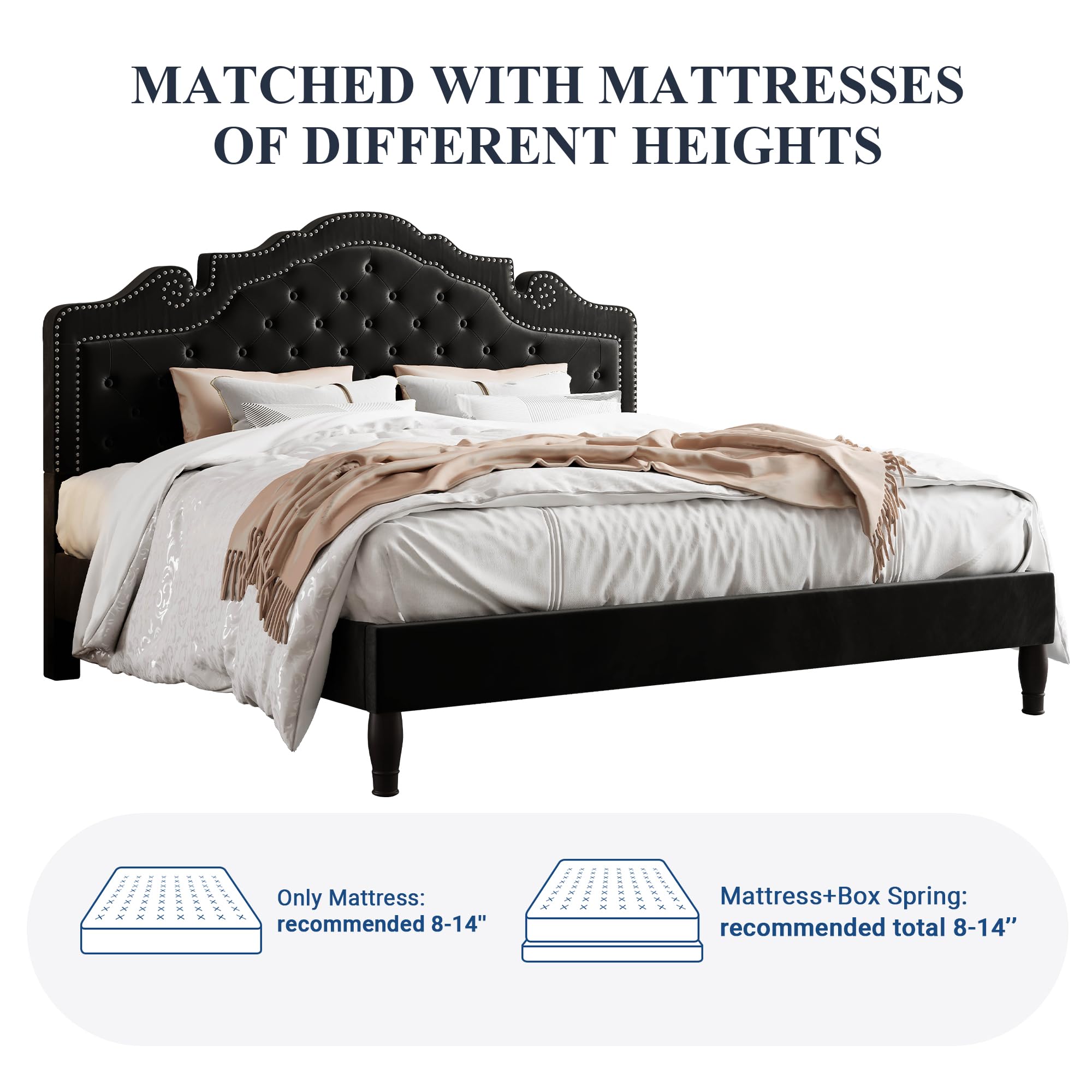 Allewie King Bed Frame with Adjustable Velvet Tiara Headboard, Upholstered Diamond Button Tufted Platform Bed, Wood Slats Support, No Box Spring Needed, Mattress Foundation, Easy Assembly, Black: Black King