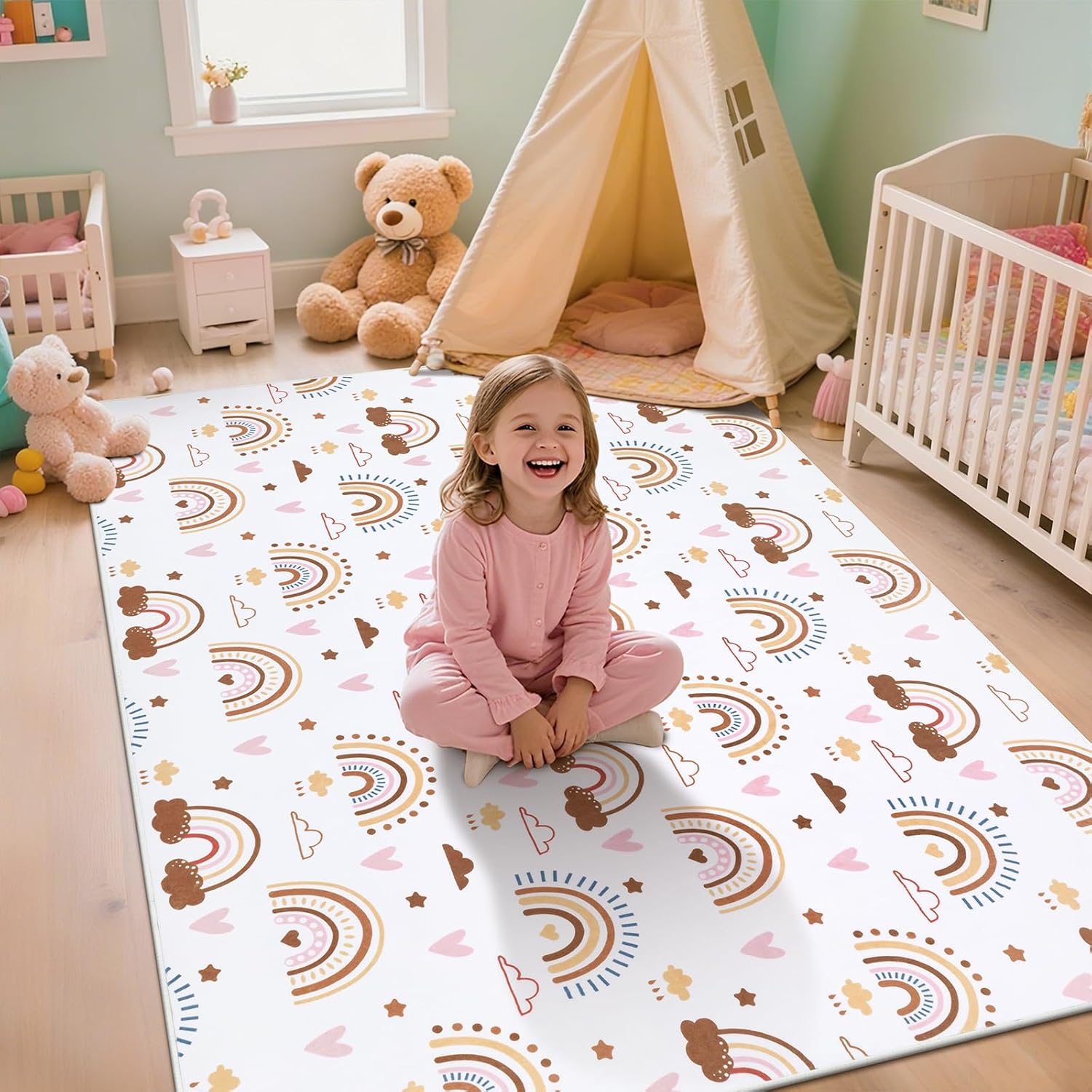 5x7 Area Rug for Kids Room, Fluffy Soft Decorative Floor Mat, Rainbow Washable Low Pile Area Rugs for Living Room,Girls Room, Nursery, Daycare (5'x7', Beige Rainbow)