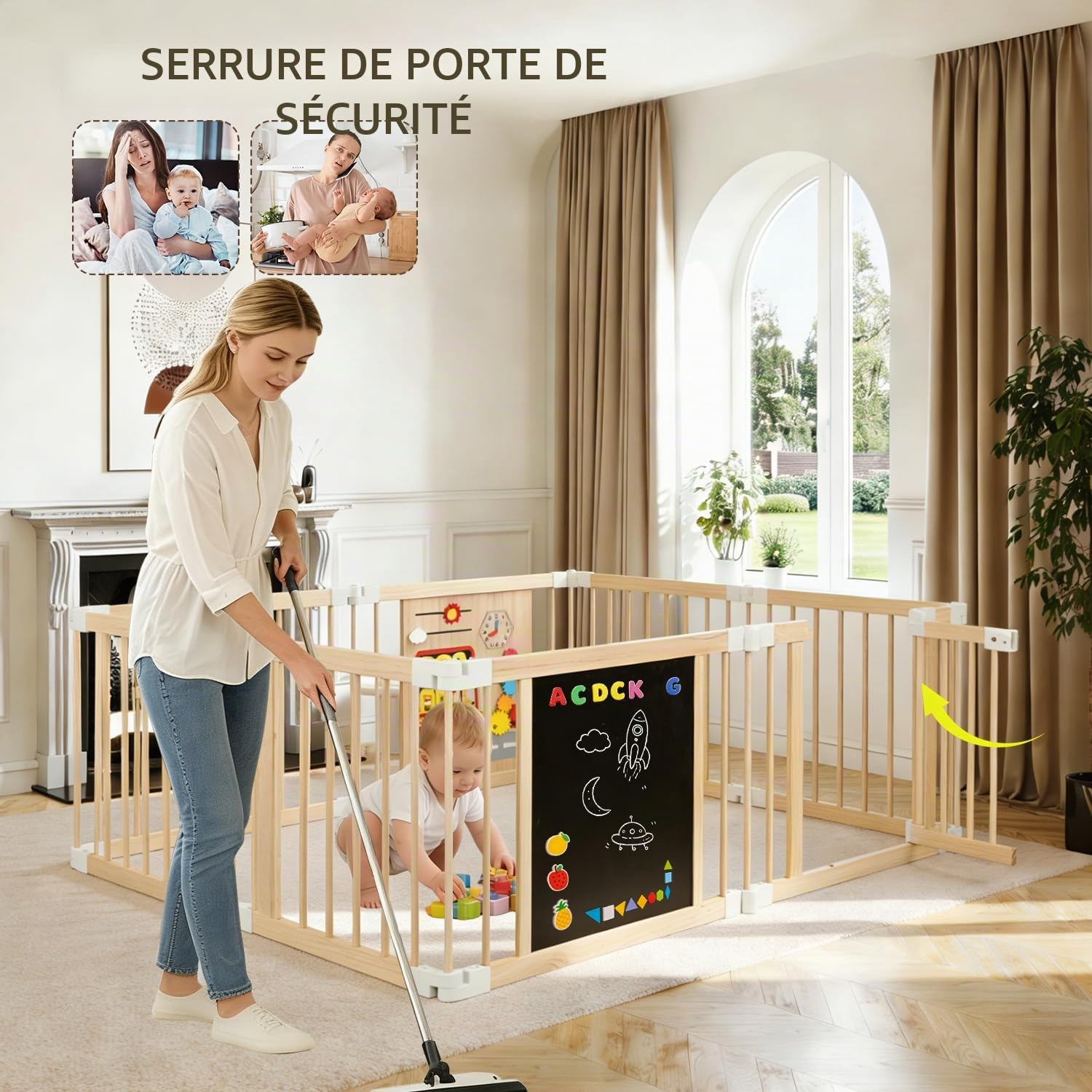 Parc Bébé Bois, Grand Parc Bebe Pliable avec Porte, Déformable Parc pour Enfants, Portable, Réglable Taille&Forme, Tableau Noir, Montessori Plateau de Jeu, Sûr Centre d'Activités pour Enfants