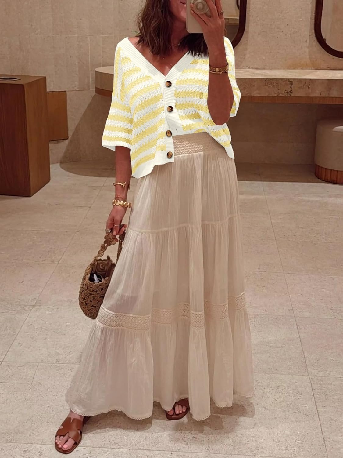 Saodimallsu Womens Short Sleeve Striped Cardigan Sweaters Crochet Knit Button Down Shirts V Neck Spring Summer Tops - Image 4