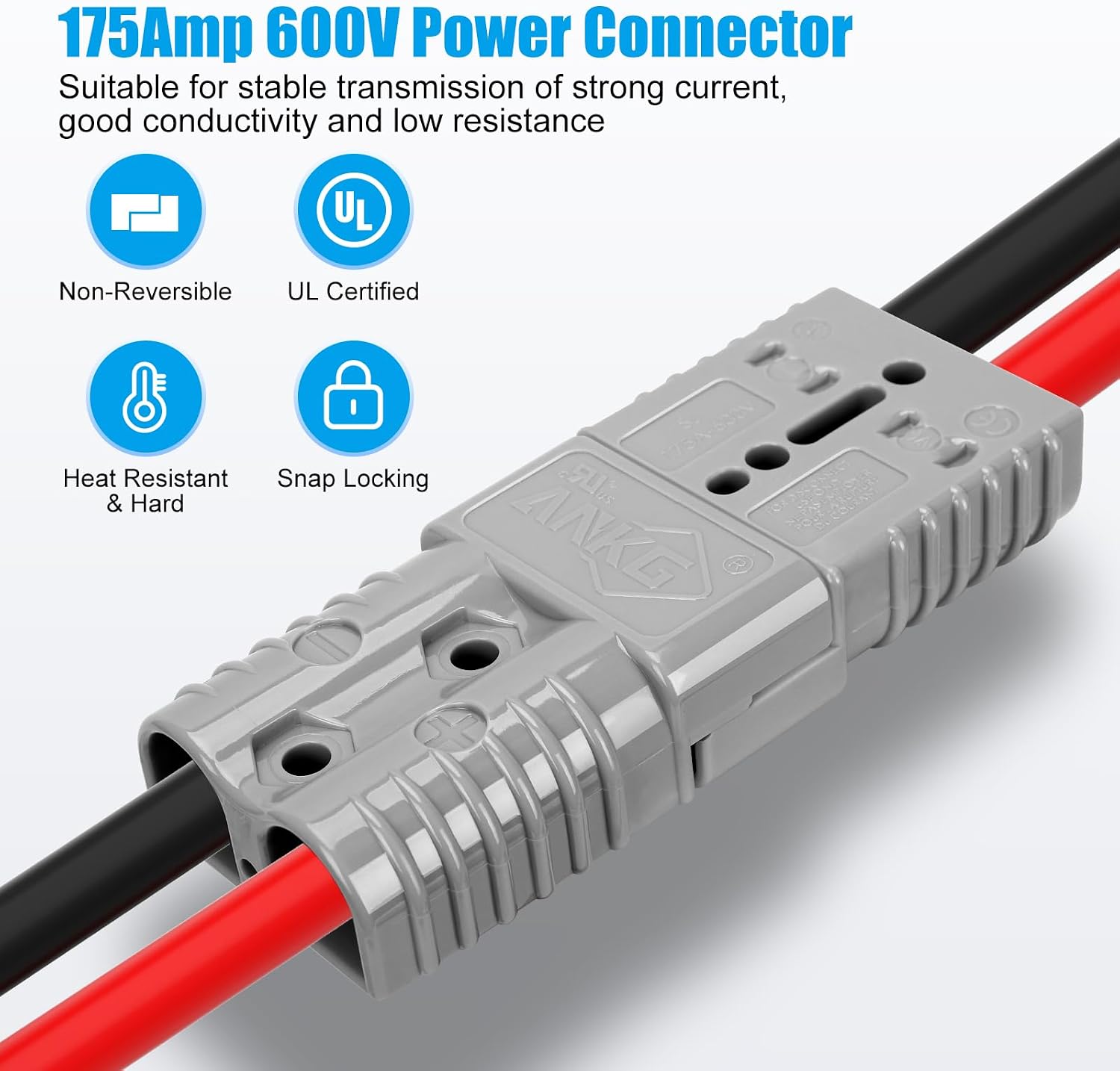 2Pcs 175 Amp 600 Volt 1/0 AWG Battery Power Connector (1/0AWG Contact，2Pcs Gray Housing)