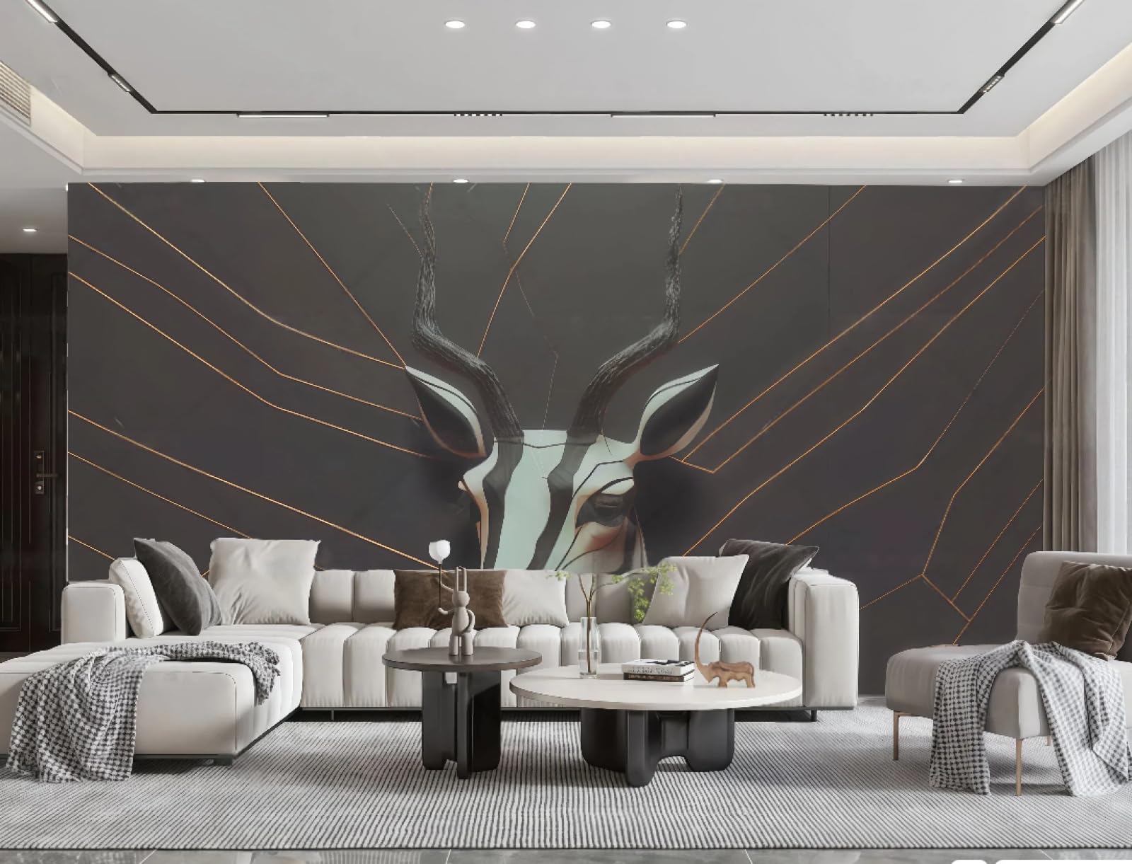 Tapeta Nowoczesna Minimalistyczna Trójwymiarowa Głowa Jelenia Biały Sztuka Geometryczna Złota Linia Malarstwo TV Sofa Tło Tapeta Salon Restauracja Kawiarnia Mural, 3D, 200 x 140 cm