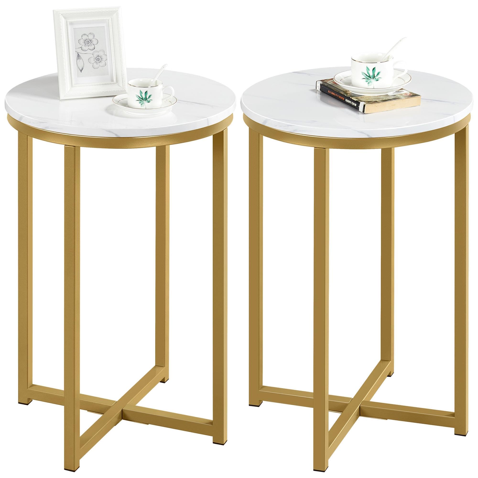 Yaheetech Round Faux Marble Side Tables Set of 2, X-Frame, Mustard Gold