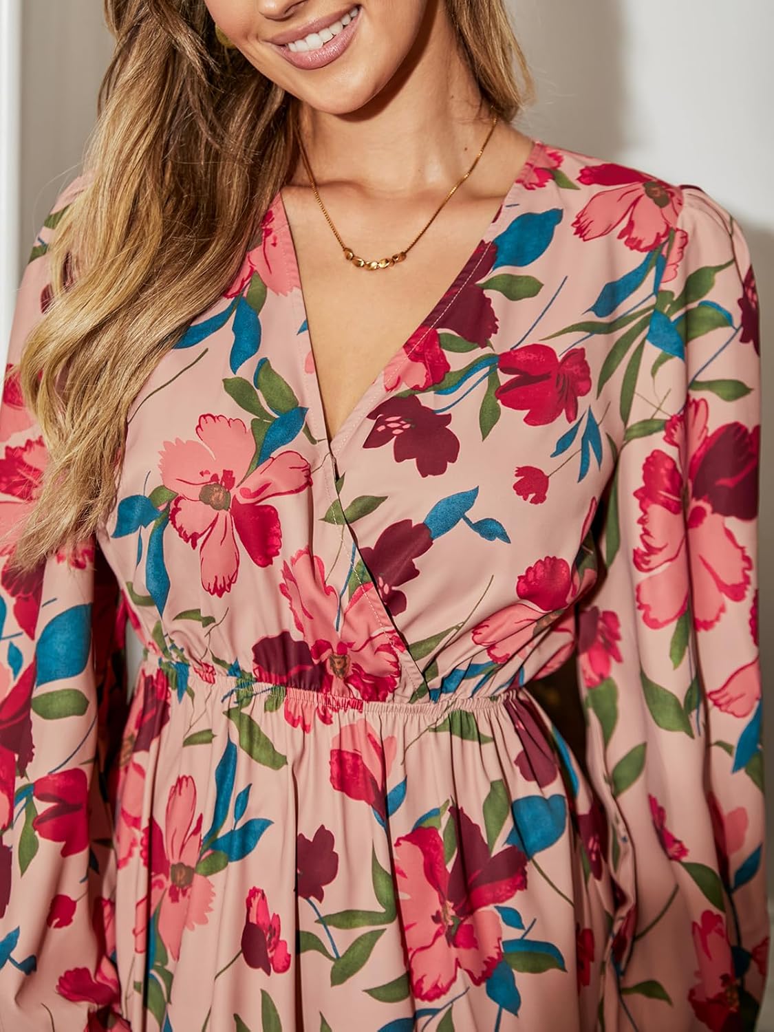 CUPSHE Women Floral Ruffle Summer Dress Surplice V Neck Long Peasant Sleeve Elastic Waist Flowy Casual Holiday Mini Dress - Image 5