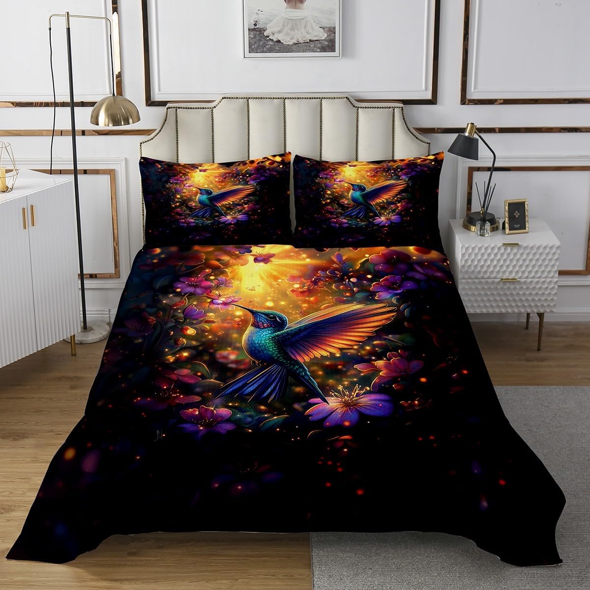Feelyou Hummingbird Bedspread King Size Hummingbird Flowers Quilted Coverlet for Boys Girls Teens Tropical Birds Coverlet Set Blossoming Iris Flowers Quilted Room Decor Golden Blue
