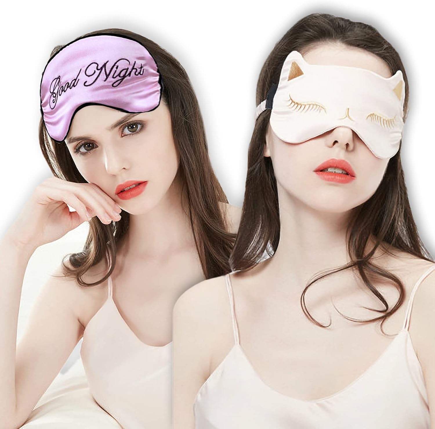 Sleep Mask 2 Pack, Natural Silk Sleep Mask Blackout Cat Eye Mask, Smooth Soft Eye Covers, with Adjustable Straps for Women, Men, Travel, Nap, Shift Work
