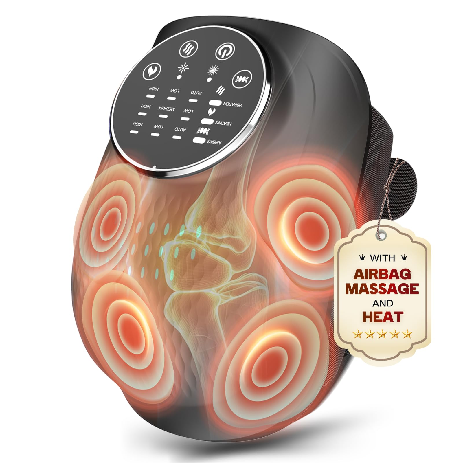 Knee Massager with Heat, 3D Airbag Compression, 3 Heating Levels, 3 Vibration Modes, Adjustable Straps, Memory Function, Cordless Knee Brace Massager for Home Use, Gift for Men and Women
