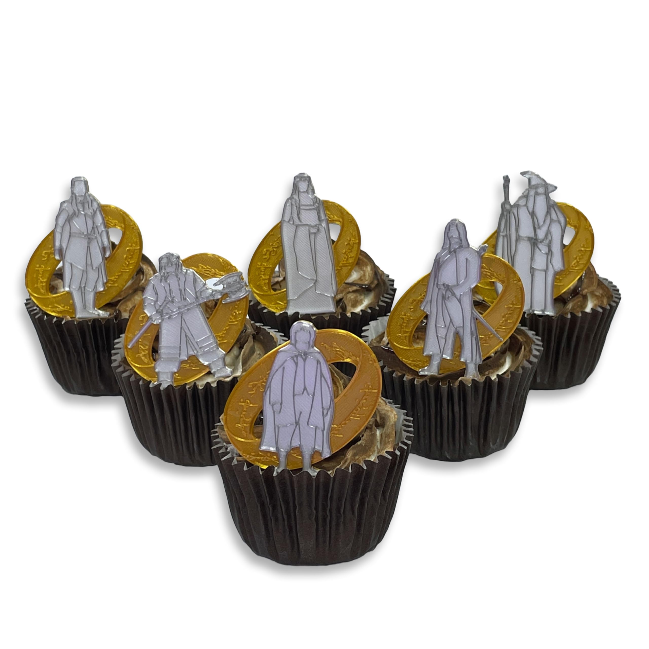 Middle Earth Characters Cupcake Toppers, Gold and Silver with Pearl, Set of 6