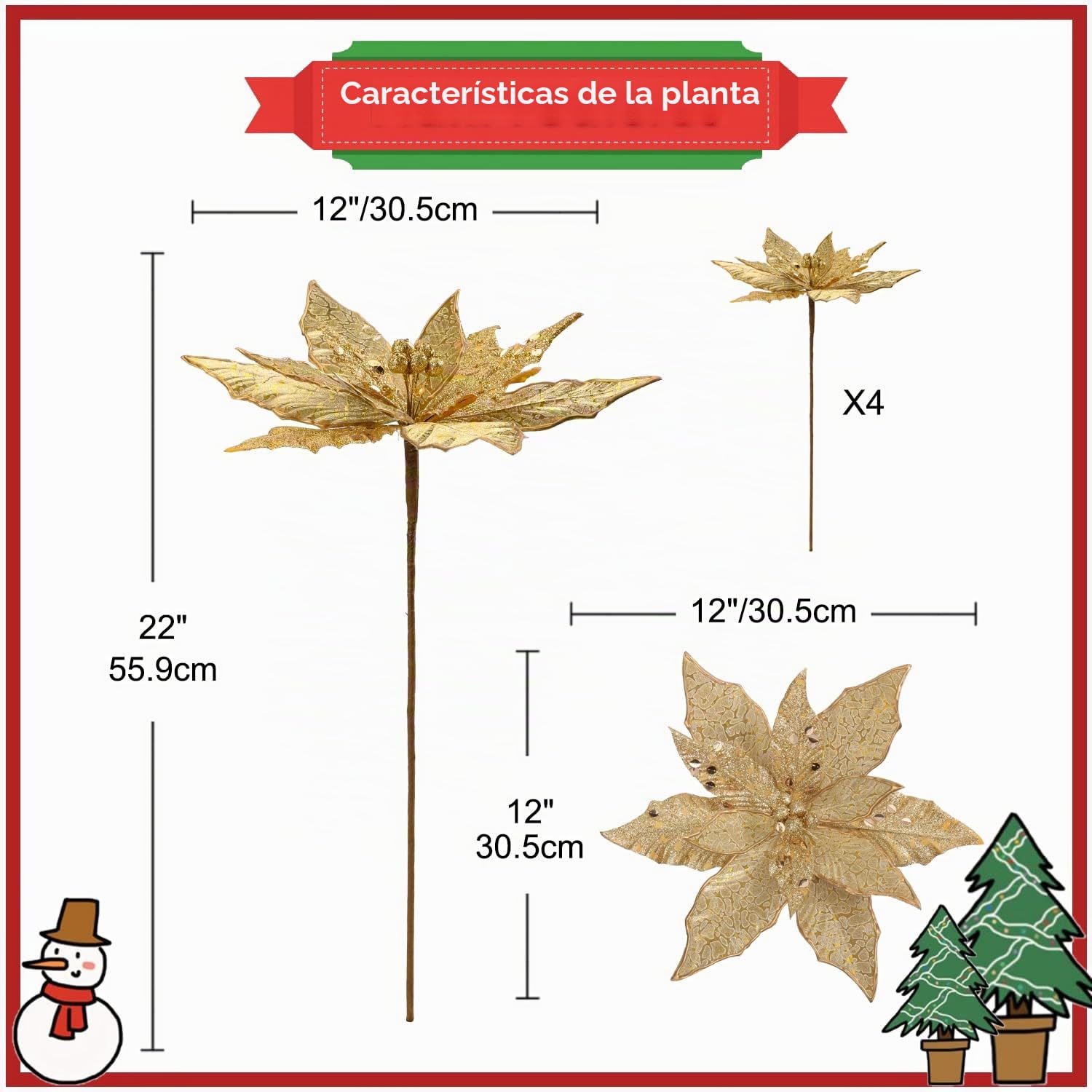 Oairse Juego de 4 Flores Artificiales de Navidad de 30 cm de Diámetro, Estrellas para Decoración de Árbol, Flores para Vacaciones, Centro de Mesa de Comedor