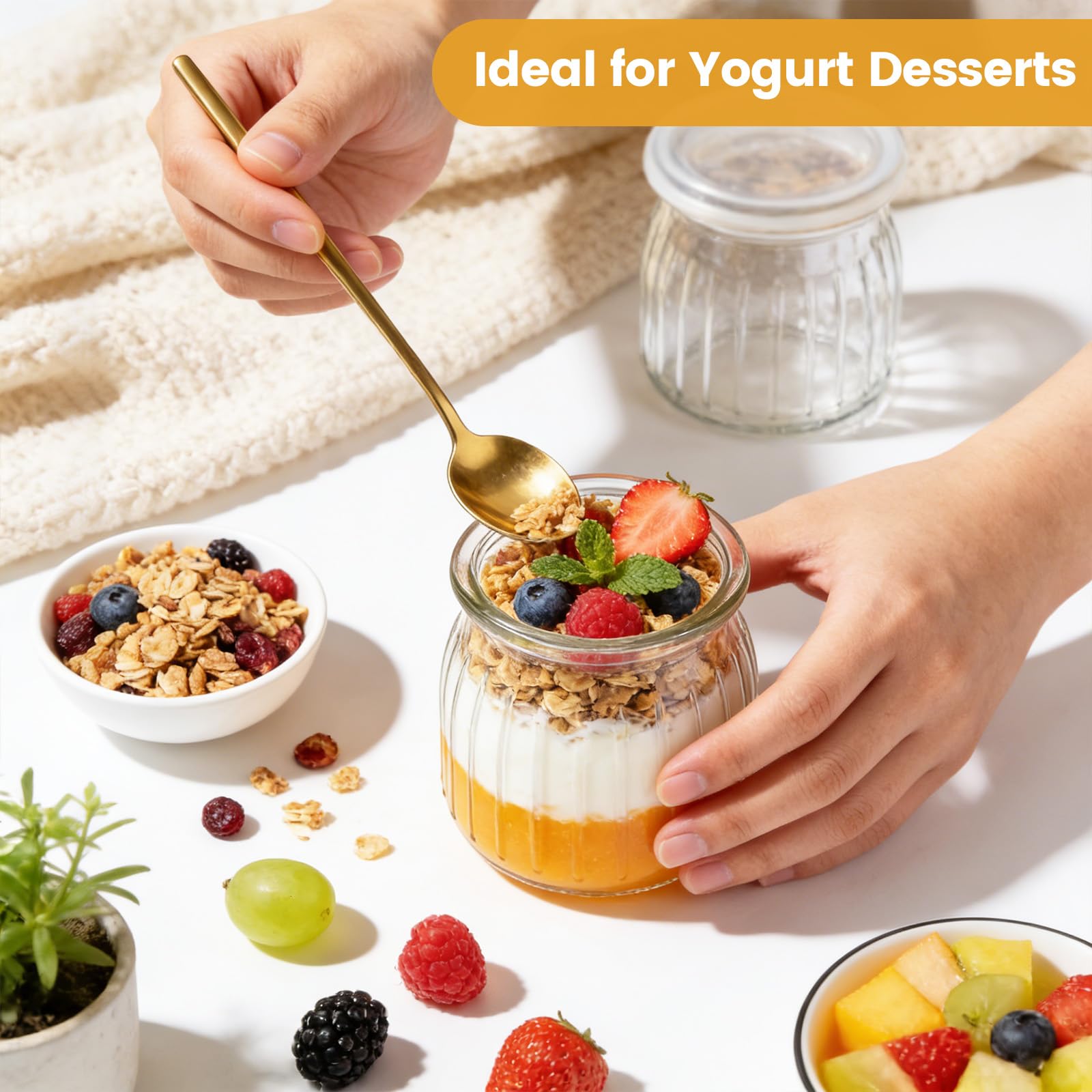 12 Stück 200ml Durchsichtige Joghurtgläser mit Deckel und Löffel, Mehrzweck Dessertgläser für Marmelade, Desert Gläser Set Glas, mit Etikette, Bürste, Seil für Joghurt, Honig