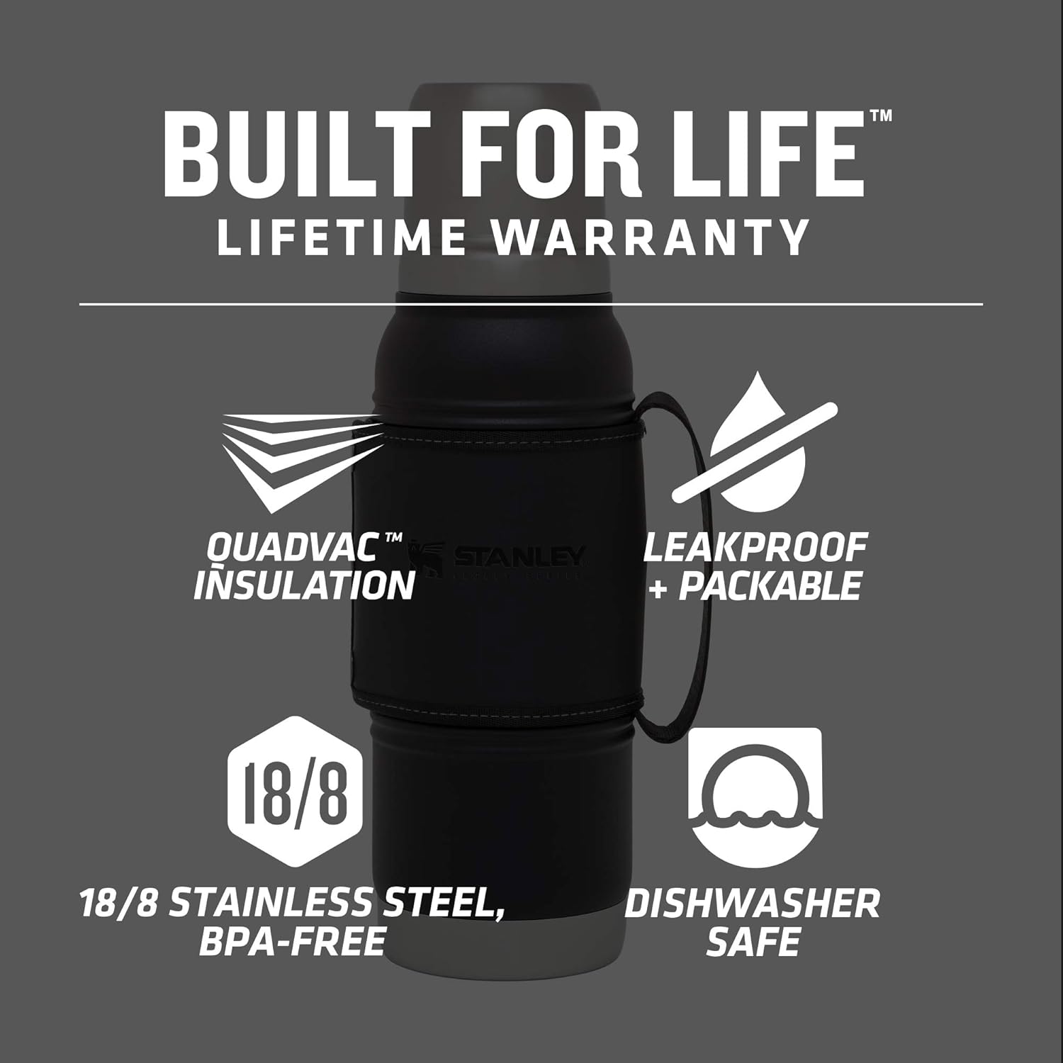 Stanley Quadvac Thermal Insulated Wide Mouth Bottle- BPA-Free 18/8 Stainless Steel Thermos for Cold & Hot Beverages Keeps Liquid Hot or Cold for Up to 24 Hours 1.1 QT Foundry Black