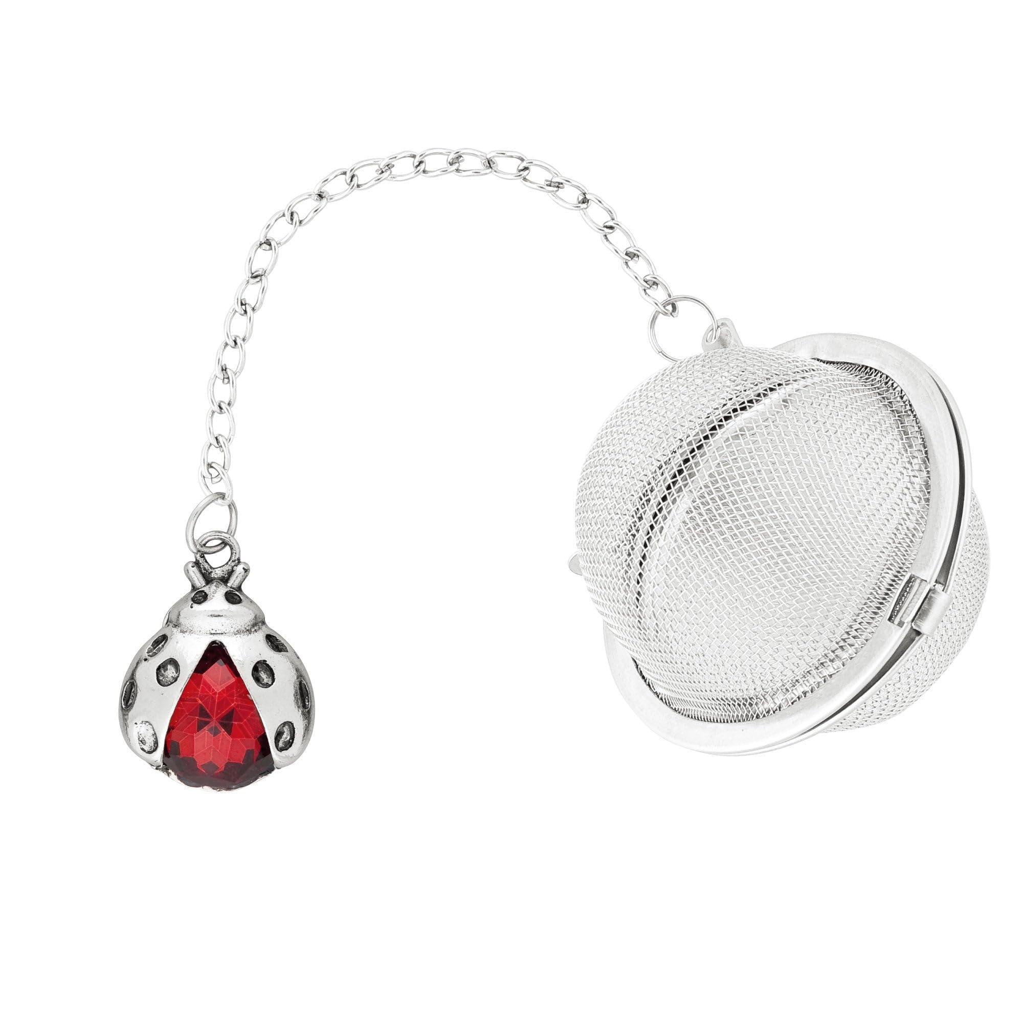 UPware Ladybug Tea Ball Infuser, 2 Inch Mesh Tea Strainer, 18/8 Stainless Steel with Zinc Alloy and Crystal Glass Ladybug Charm for Loose Leaf Tea, Silver and Red