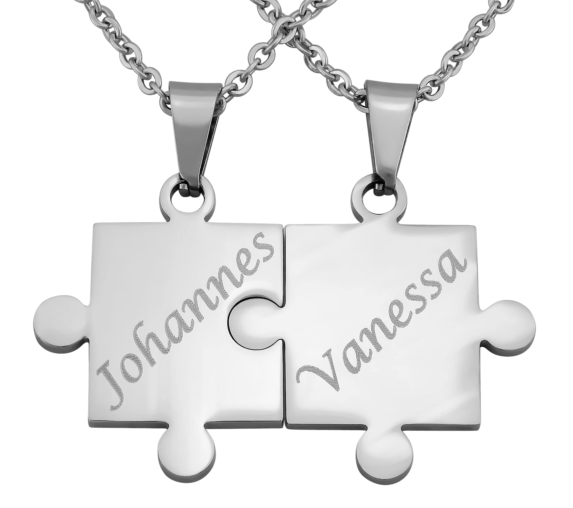 2 Stück Personalisierte Kette mit Gravur Edelstahl 50 cm mit Anhänger You complete me Puzzle Teil in silber - Personalisierte Geschenke für Damen Herren Freundin Freund - Partner Halskette