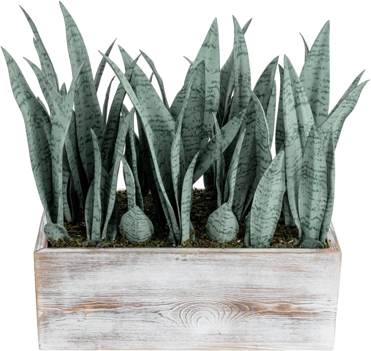 MyGift 15-Inch Large Artificial Snake Plant Centerpiece Arrangement in Rectangular White Washed Wood Planter Box, Tabletop Decorative Realistic Mother-in-Law's Tongue Houseplants Home Decor