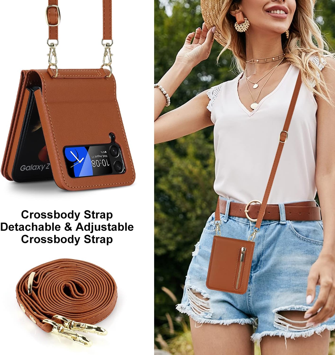 Compatible with Samsung Galaxy Z Flip 4 Stand Stylish Flip Protective Leather Case,Wallet case with Zip,Card Slot,Cash Compartment, Phone case with Cord for Galaxy Z Flip 4 (Brown)