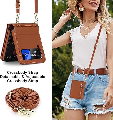 Miniatura 7 de Asuwish Funda para teléfono Samsung Galaxy Z Flip 3 5G 2021 con tarjetero para tarjetas de crédito, ranura con cremallera, correa cruzada, cordón,