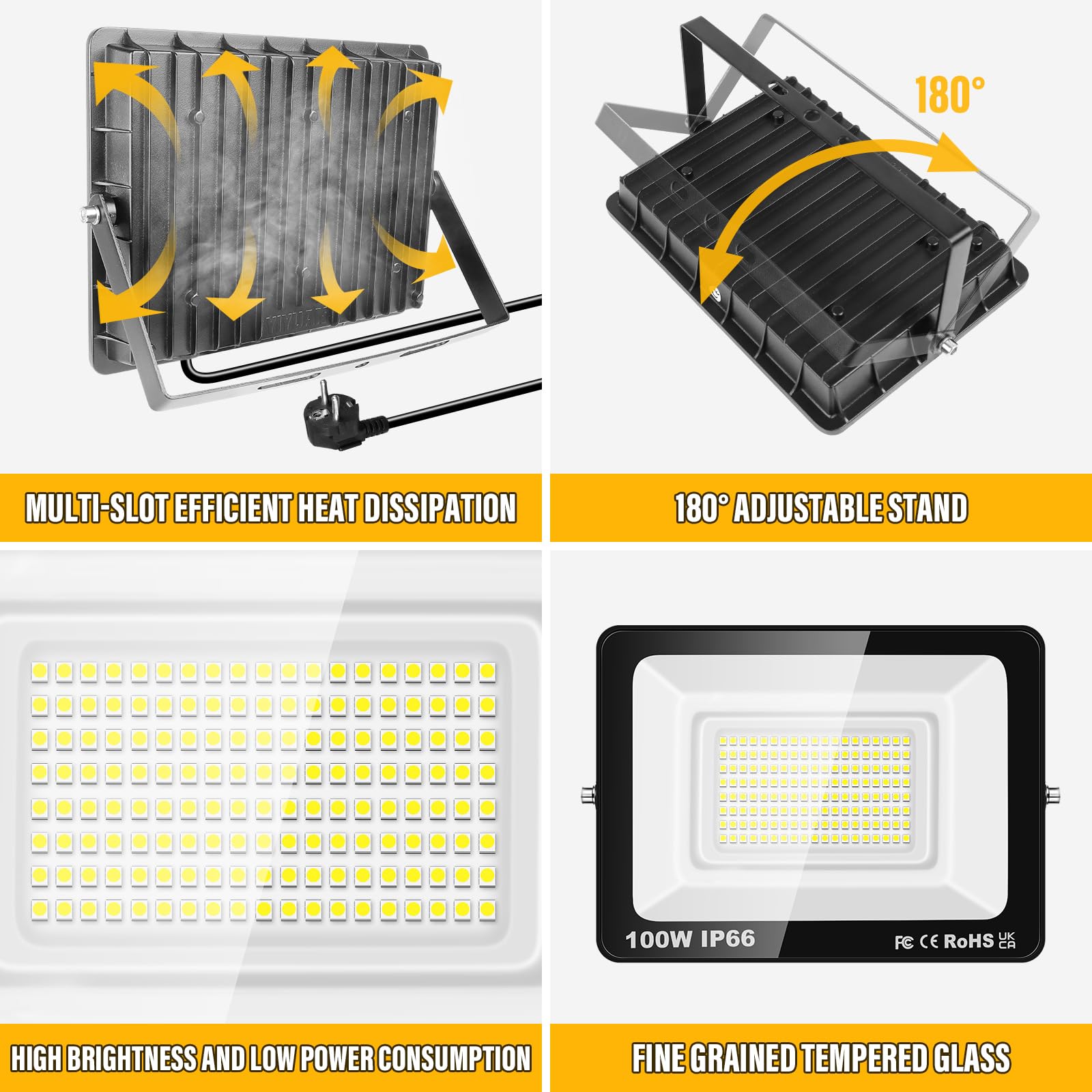 AUXTINGS Faretto LED da Esterno 100W con Spina,10000LM Faro Led Esterno 6000K Bianca Freddo,IP66 Impermeabile Faretti LED Proiettore Esterni per Giardino Garage Cortile Piazza Terrazza Patio,2 Pezzi