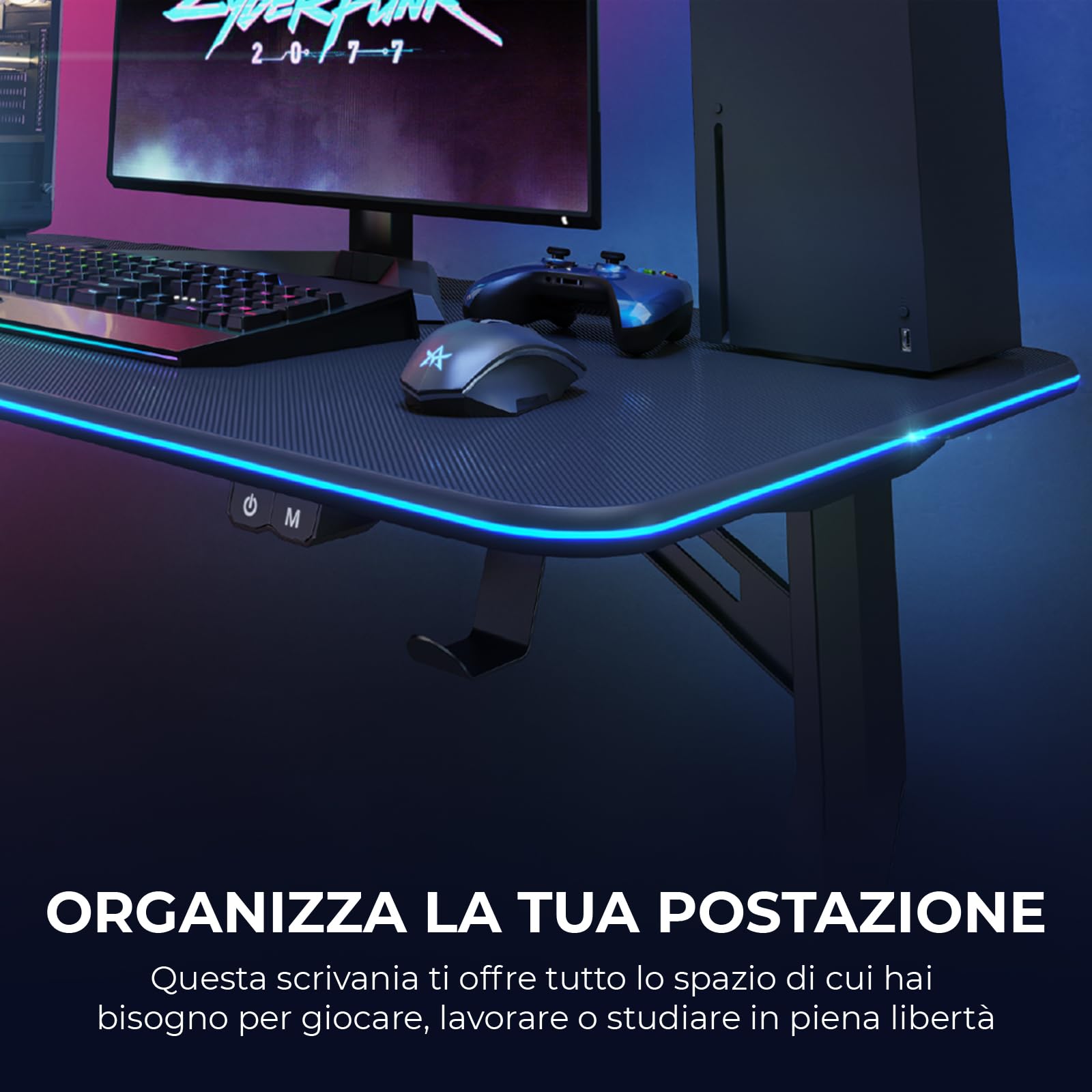 Noua Dot Scrivania Gaming RGB, Tavolo da Gioco Ergonomico, Postazione Gaming per PC Computer Monitor, Fori Passacavi, Portabicchieri e Gancio per Cuffie, 113x60x75 cm